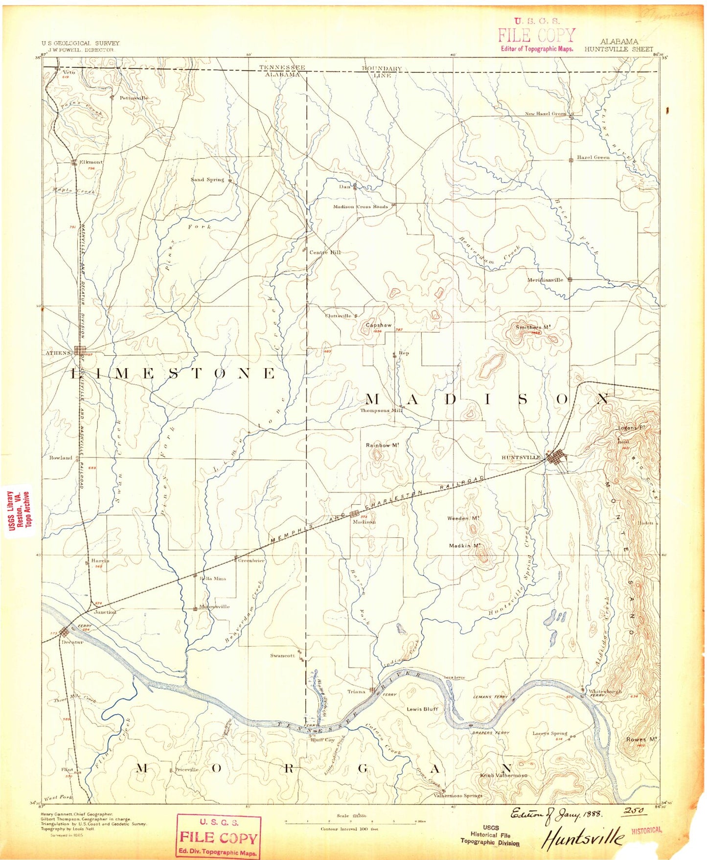 Historic 1888 Huntsville Alabama 30'x30' Topo Map Image