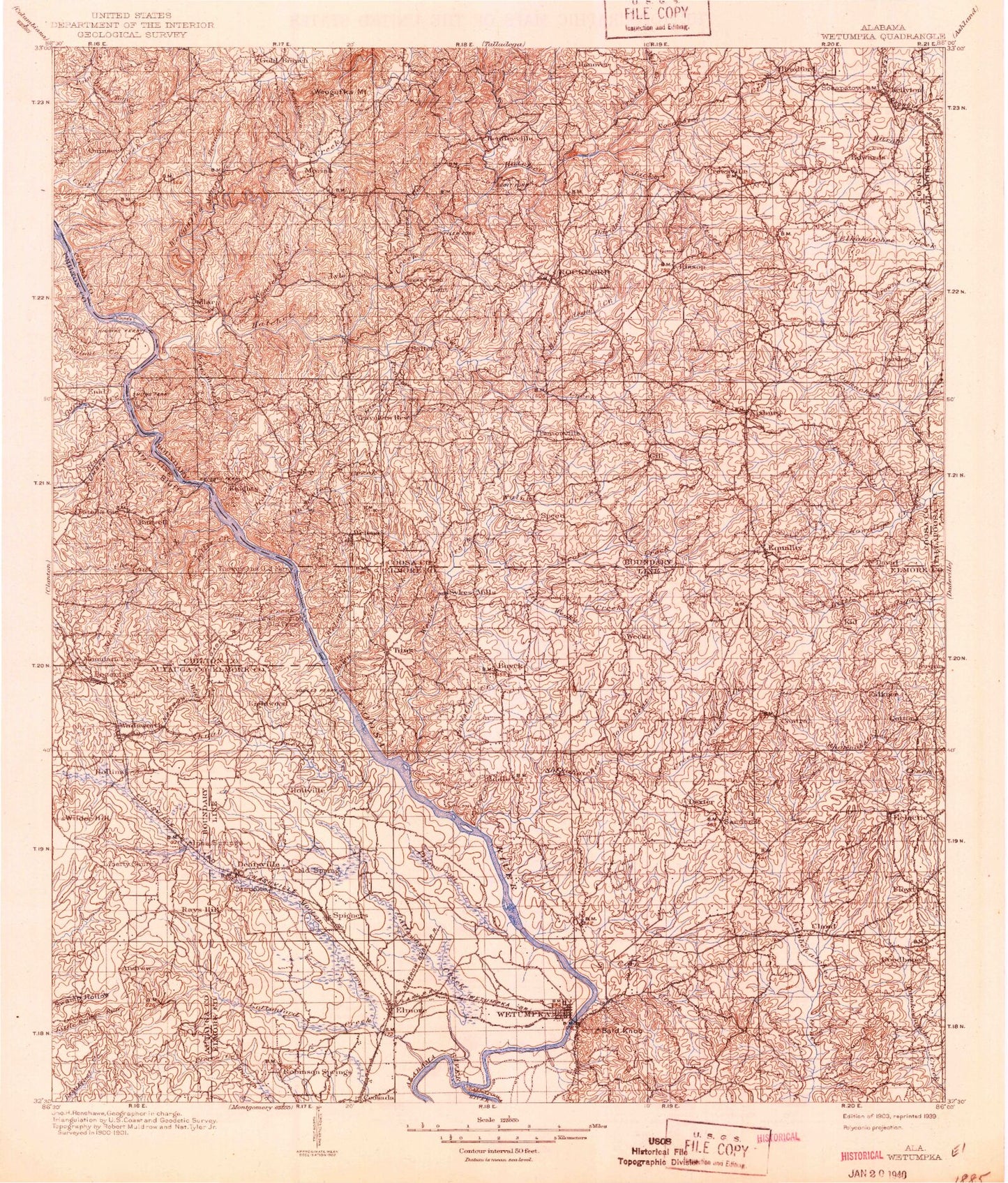 Historic 1903 Wetumpka Alabama 30'x30' Topo Map Image