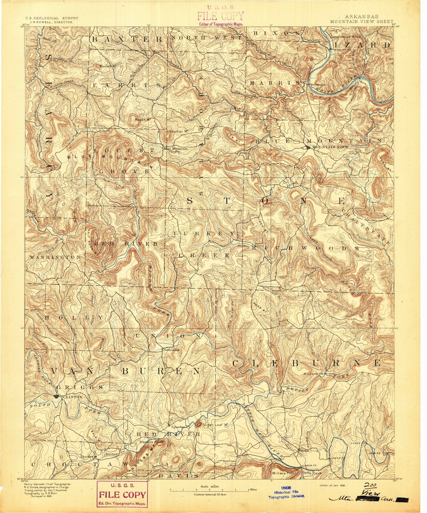 Historic 1892 Mountain View Arkansas 30'x30' Topo Map Image
