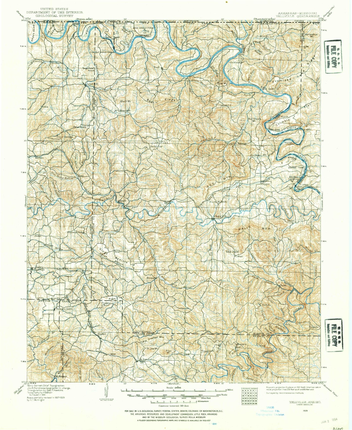 Historic 1929 Yellville Arkansas 30'x30' Topo Map Image