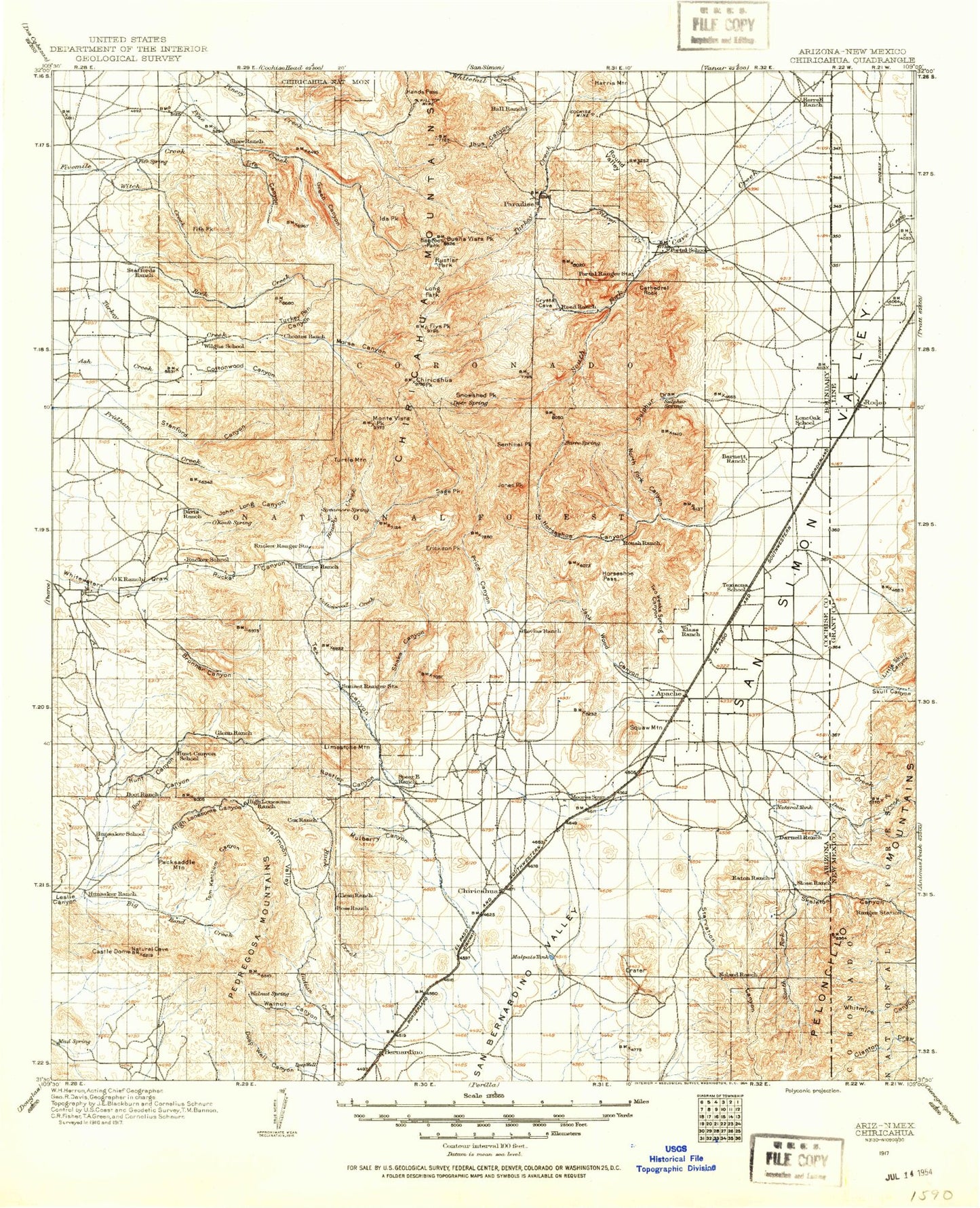 Historic 1917 Chiricahua Arizona 30'x30' Topo Map Image
