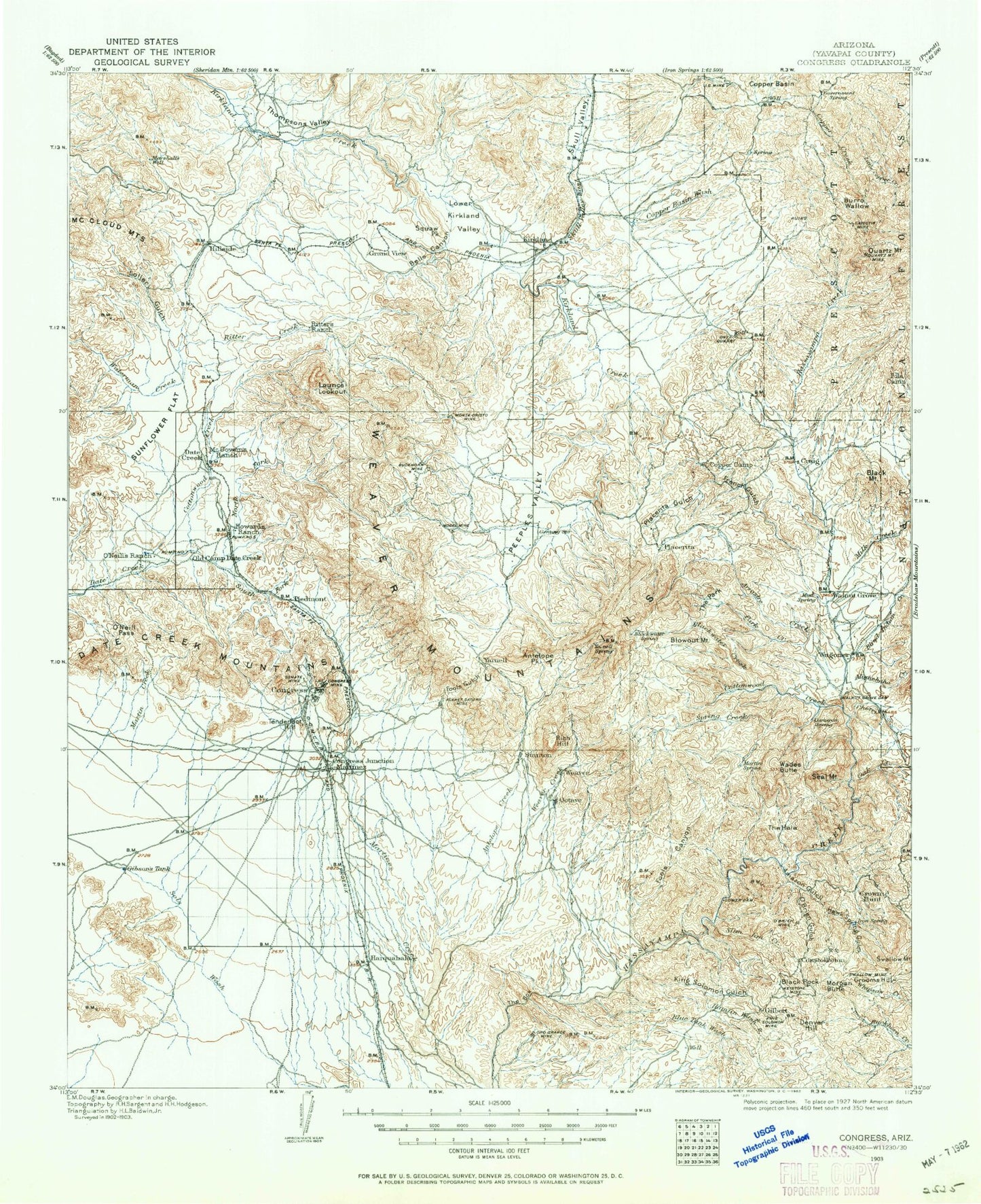 Historic 1903 Congress Arizona 30'x30' Topo Map Image