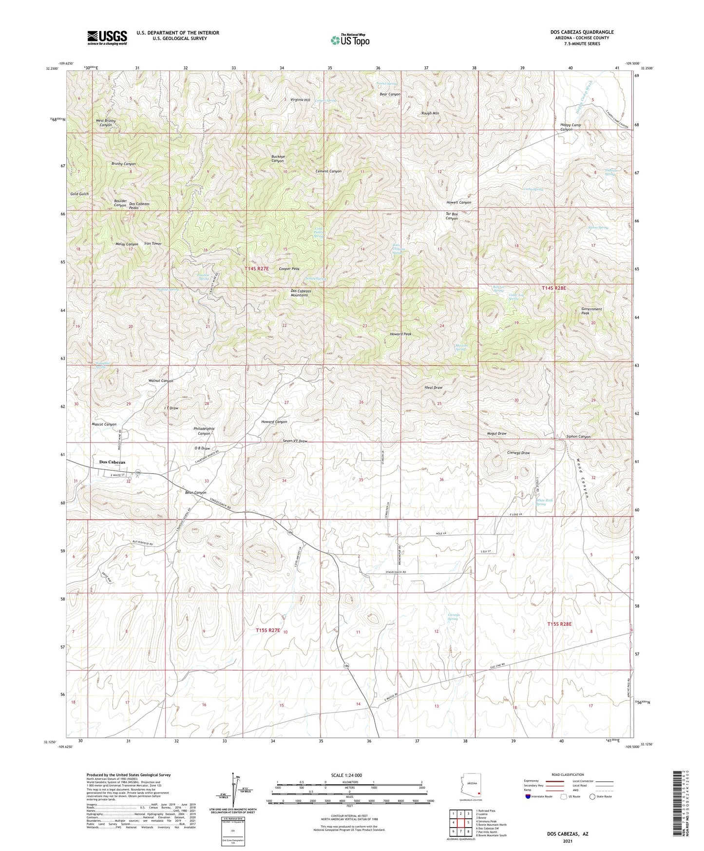 Dos Cabezas Arizona US Topo Map Image
