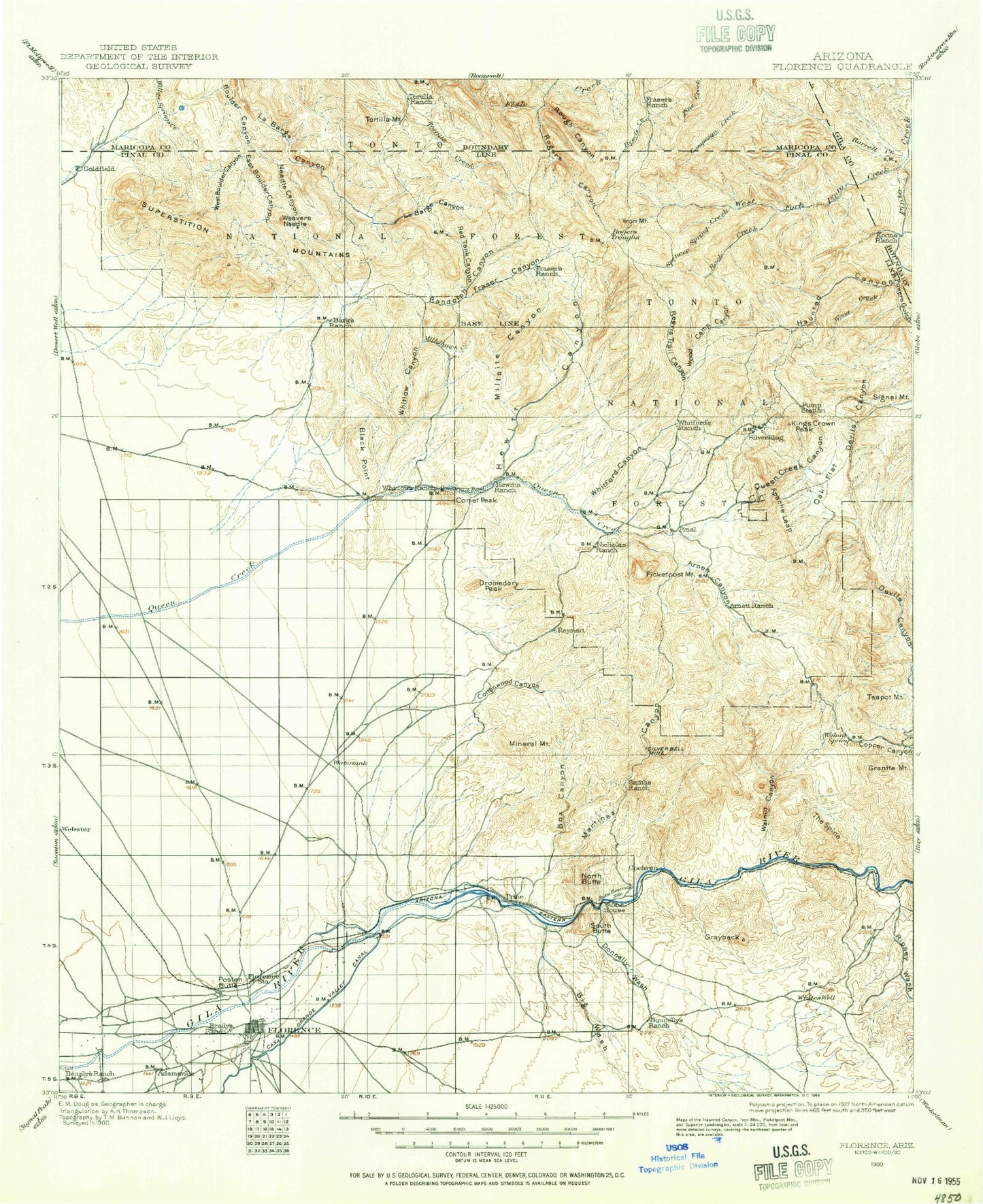 Historic 1900 Florence Arizona 30'x30' Topo Map Image