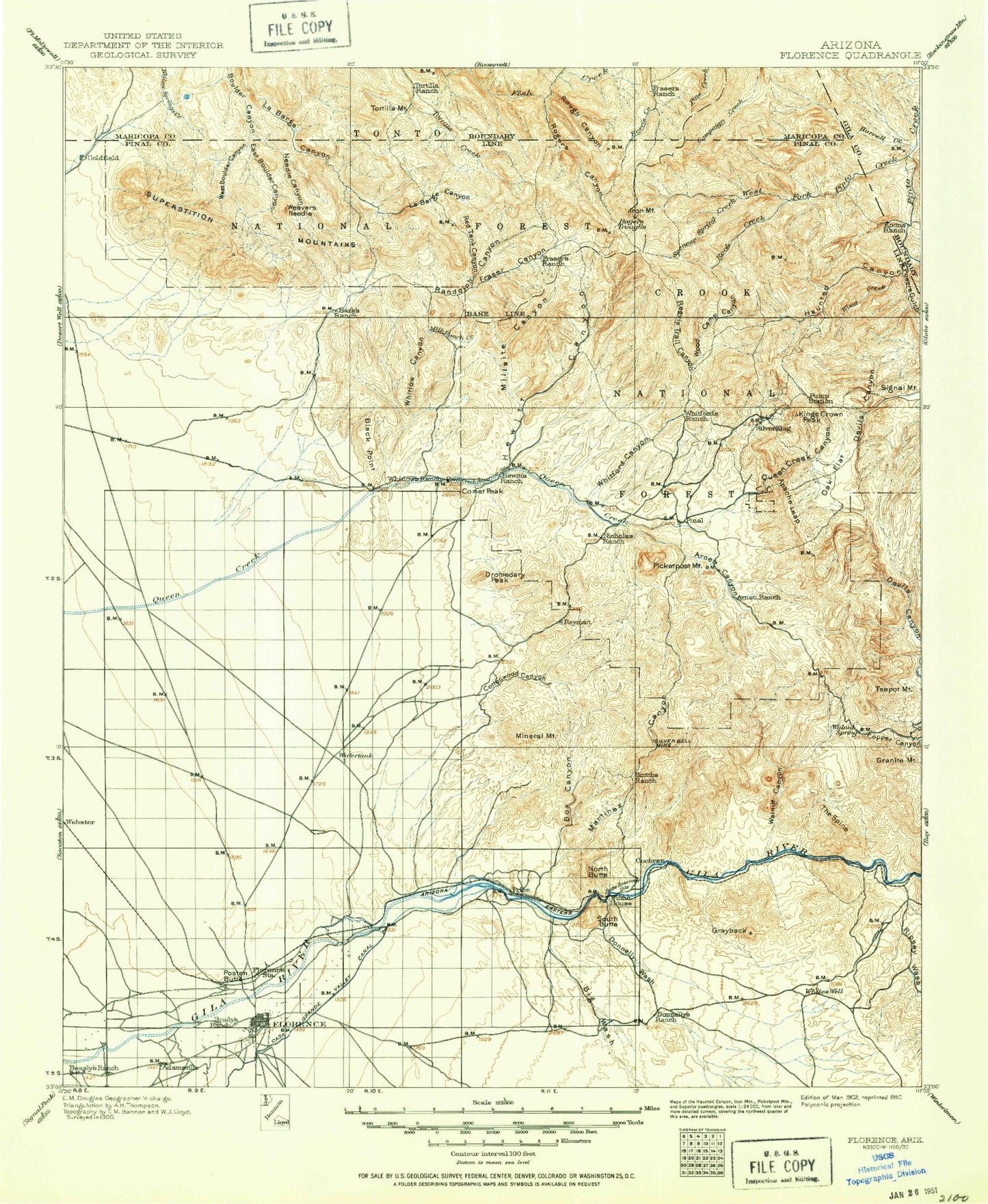 Historic 1902 Florence Arizona 30'x30' Topo Map Image