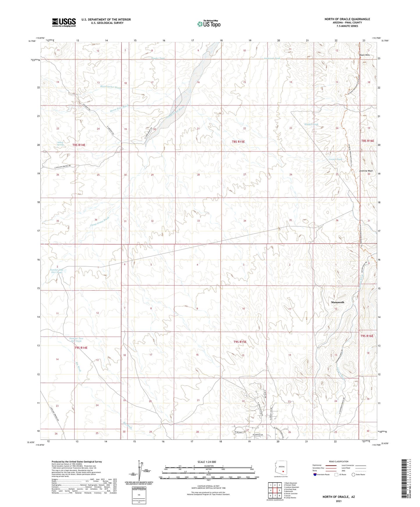 North of Oracle Arizona US Topo Map Image