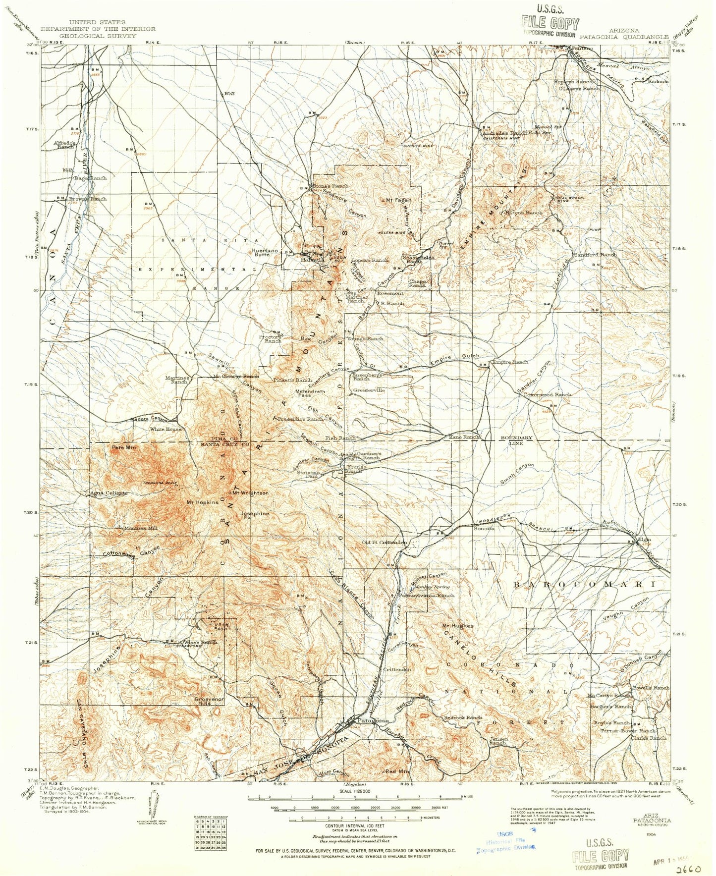 Historic 1904 Patagonia Arizona 30'x30' Topo Map Image