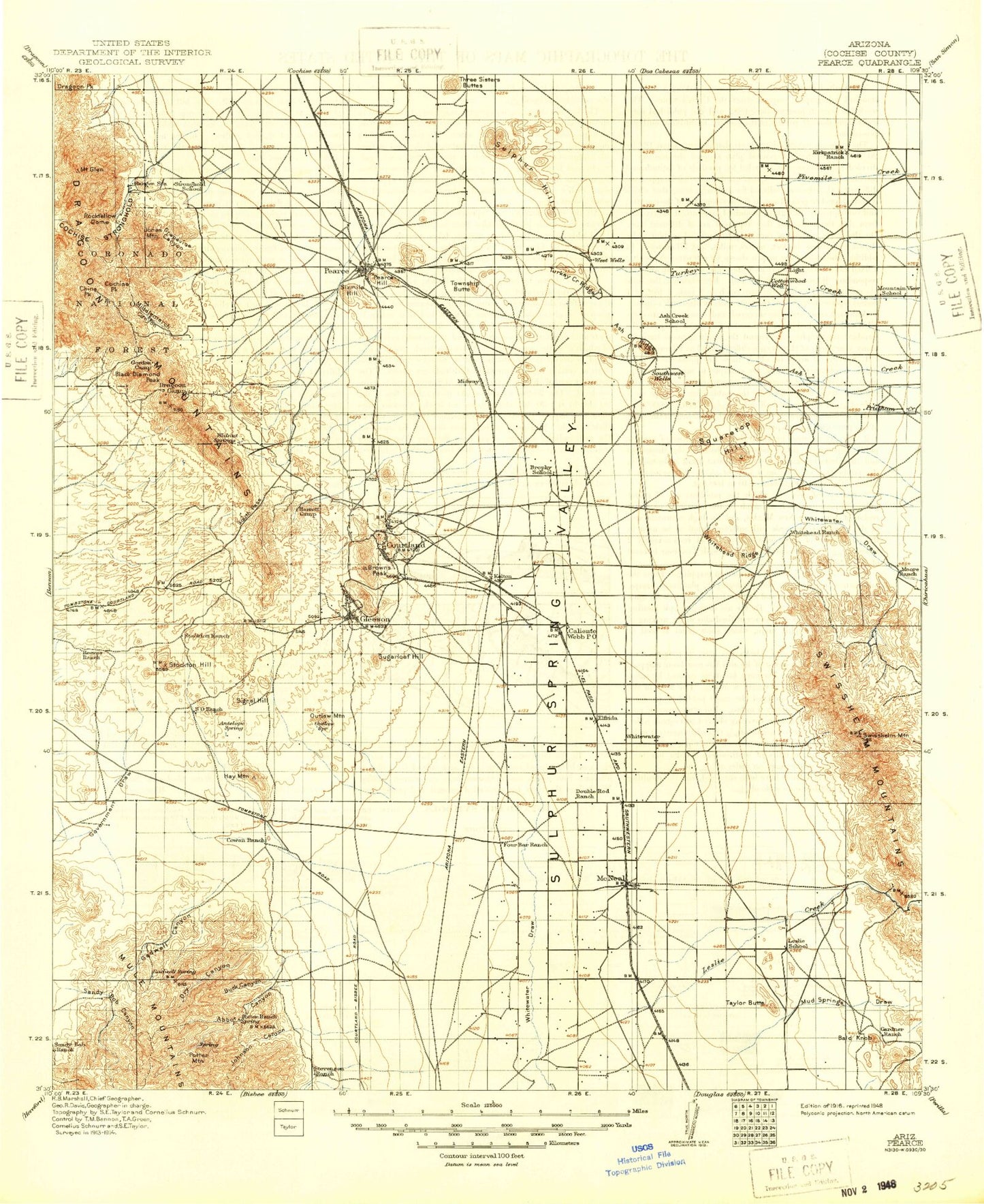 Historic 1916 Pearce Arizona 30'x30' Topo Map Image
