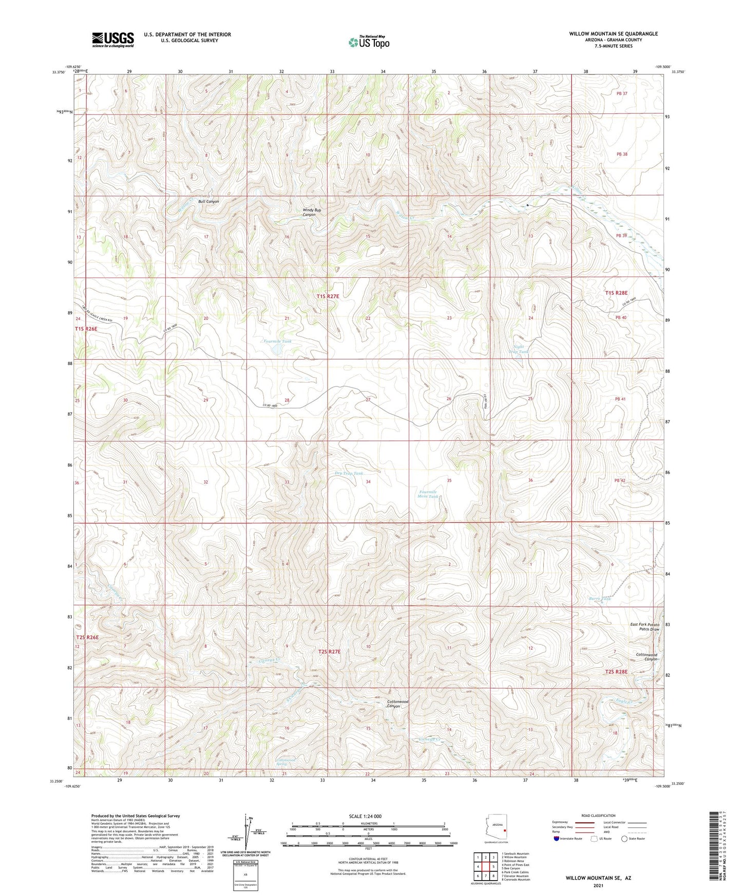 Willow Mountain SE Arizona US Topo Map Image