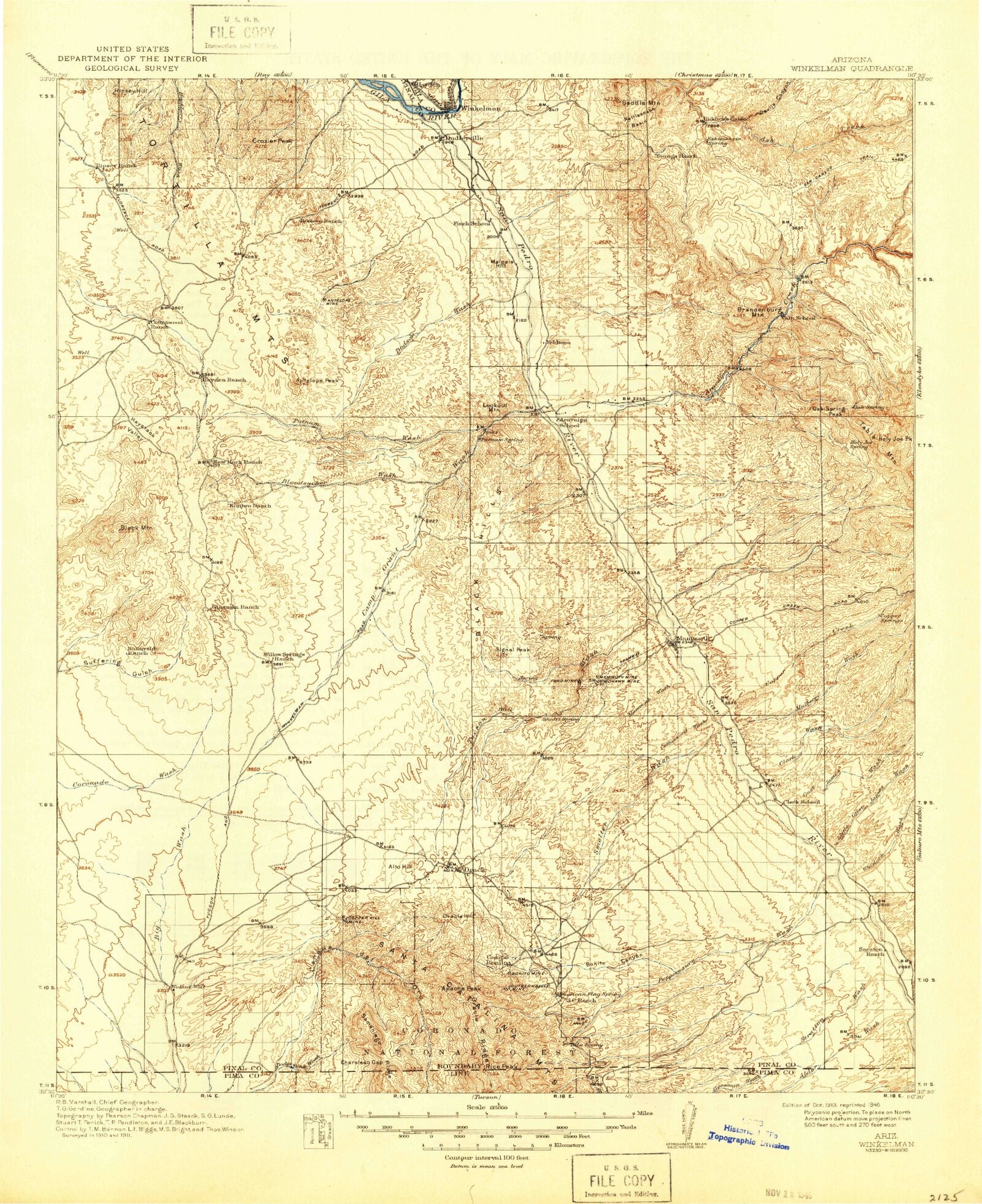 Historic 1913 Winkelman Arizona 30'x30' Topo Map – MyTopo Map Store