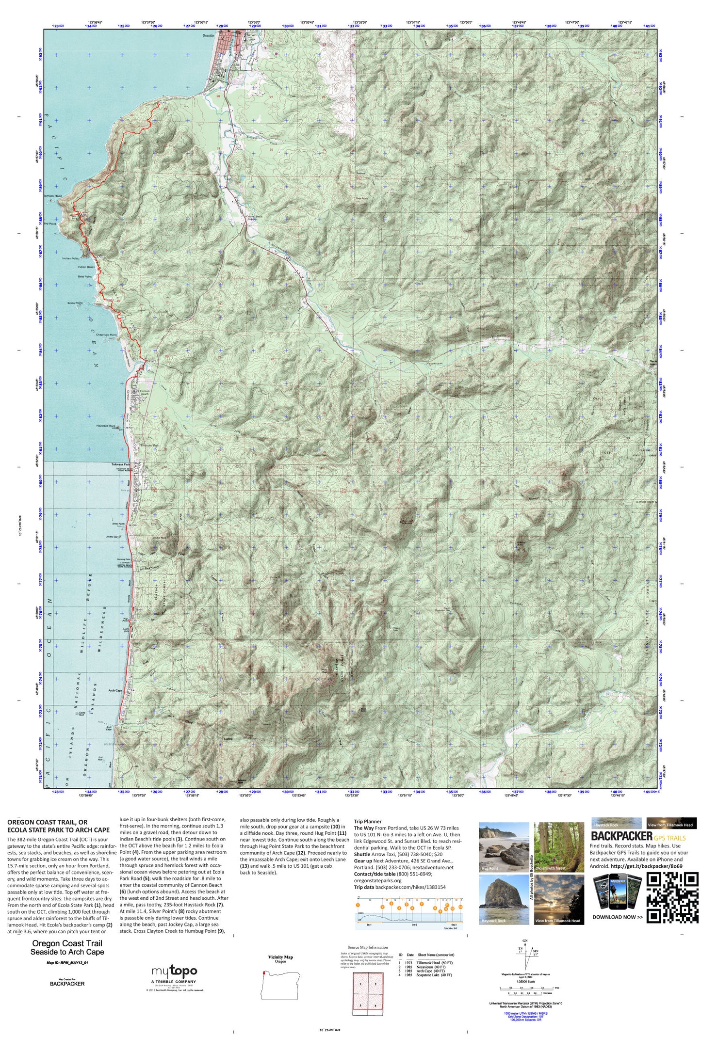 Ecola State Park to Arch Cape Map (Oregon Coast Trail, Oregon) Image
