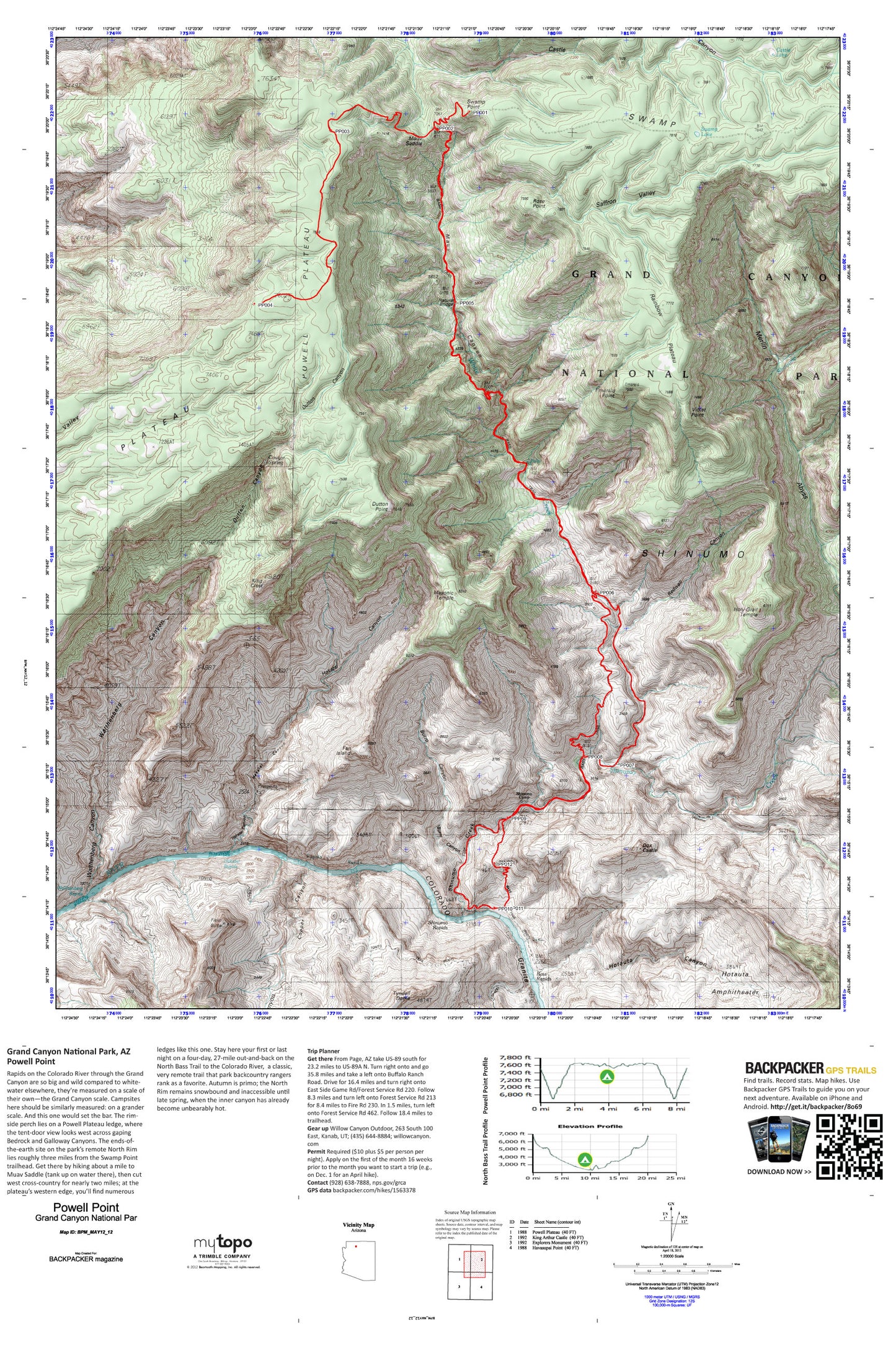 Powell Point & Colorado River via North Bass Trail Map (Grand Canyon National Park, Arizona) Image