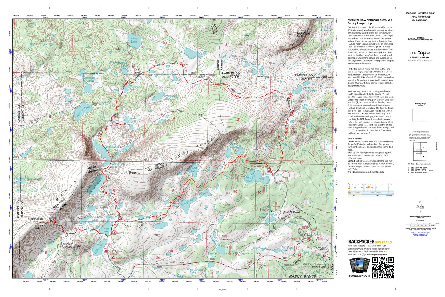 Snowy Range Loop Map (Medicine Bow NF, Wyoming) Image