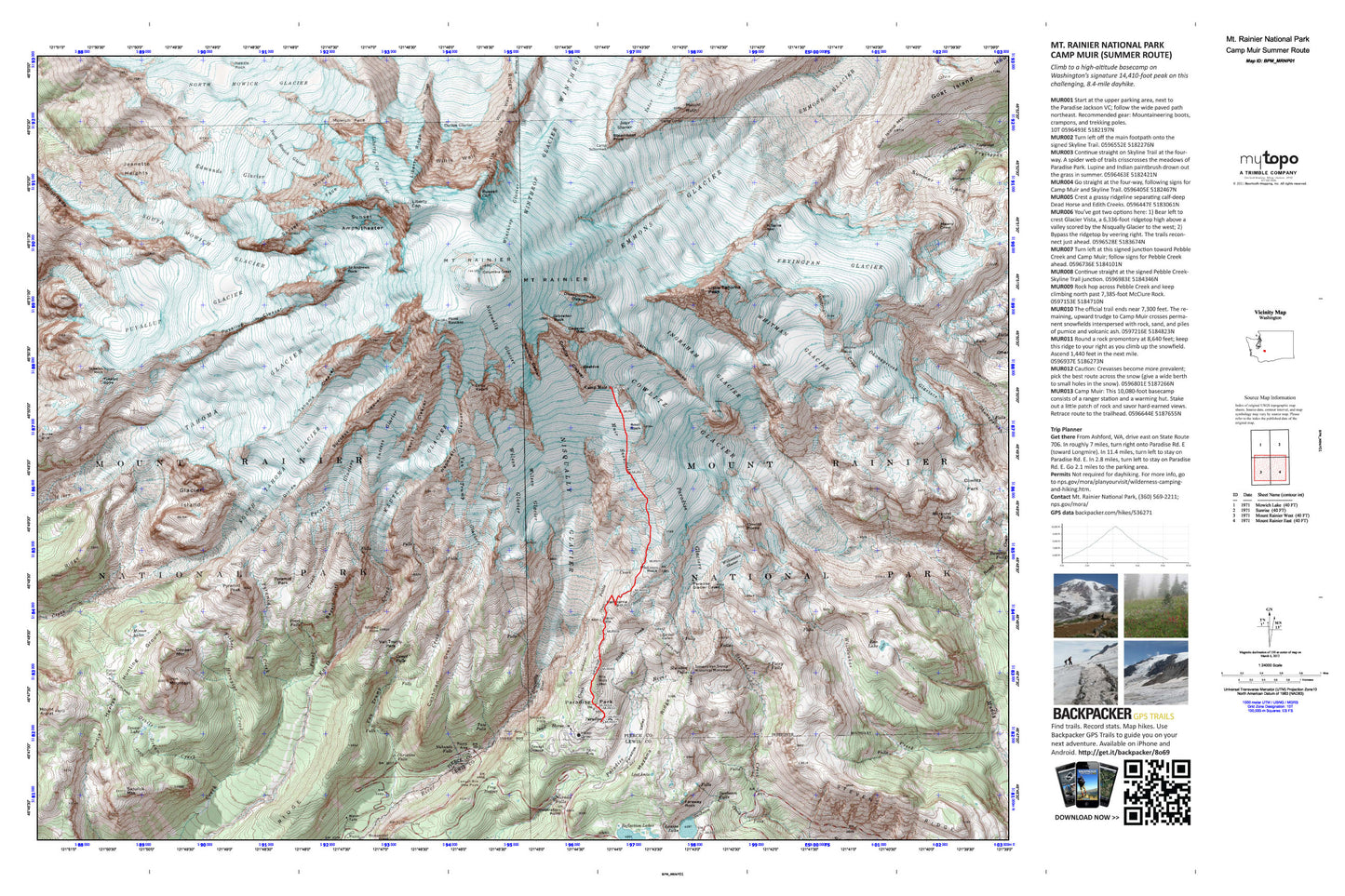 Camp Muir (Summer Route) Map (Mt. Rainier National Park, Washington) Image