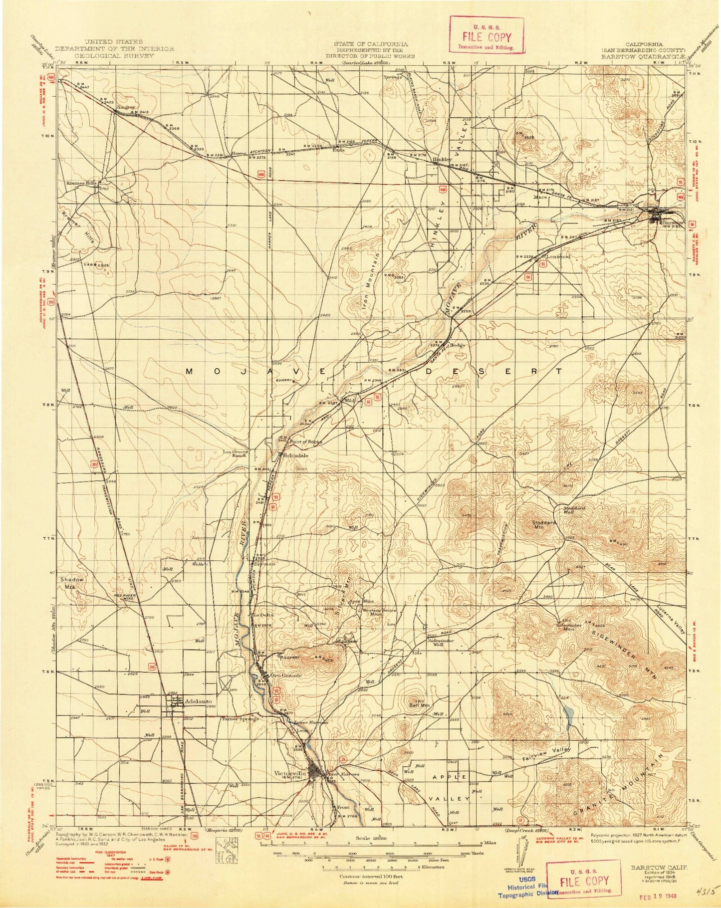 Historic 1934 Barstow California 30'x30' Topo Map Image