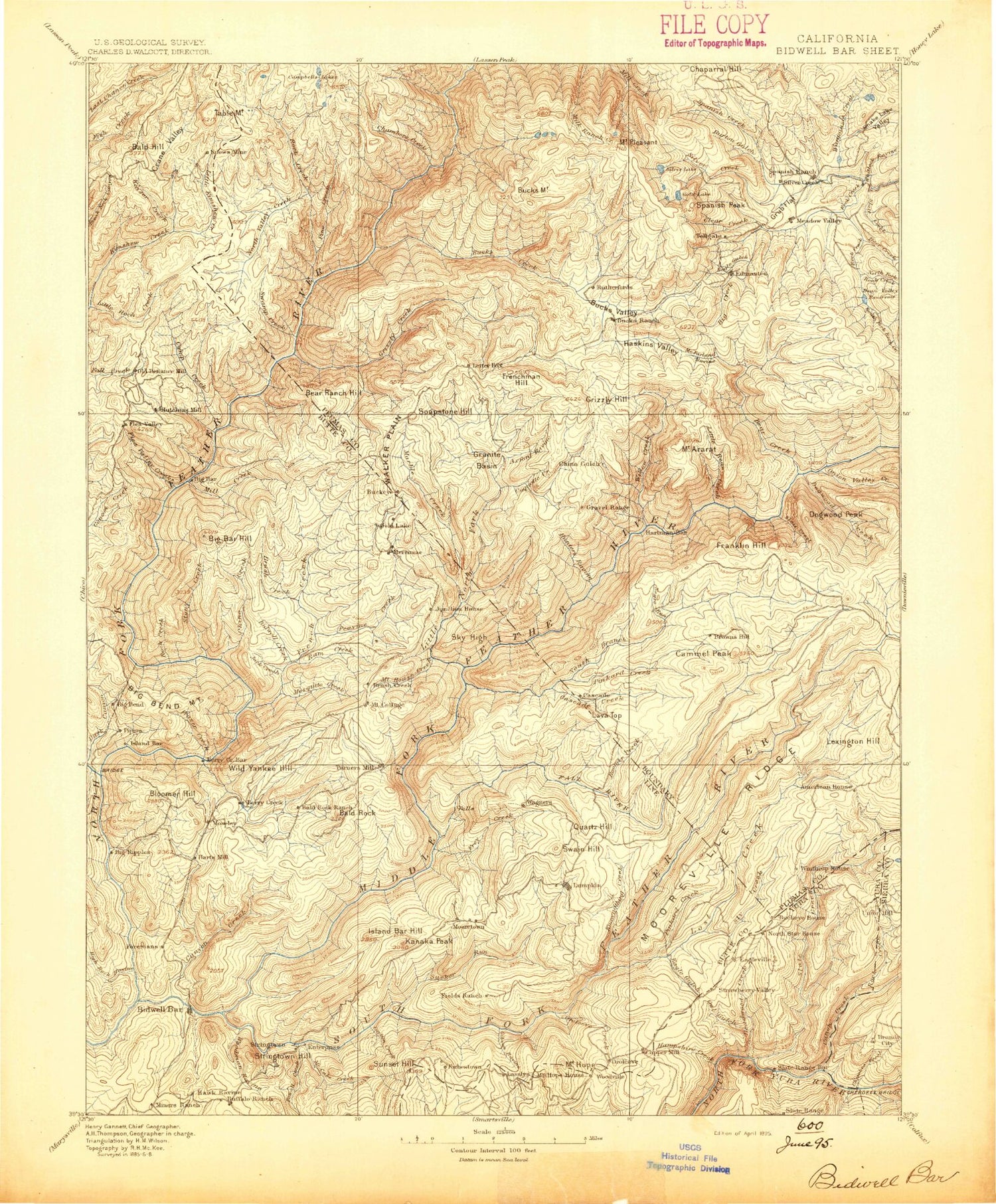 Historic 1895 Bidwell Bar California 30'x30' Topo Map Image