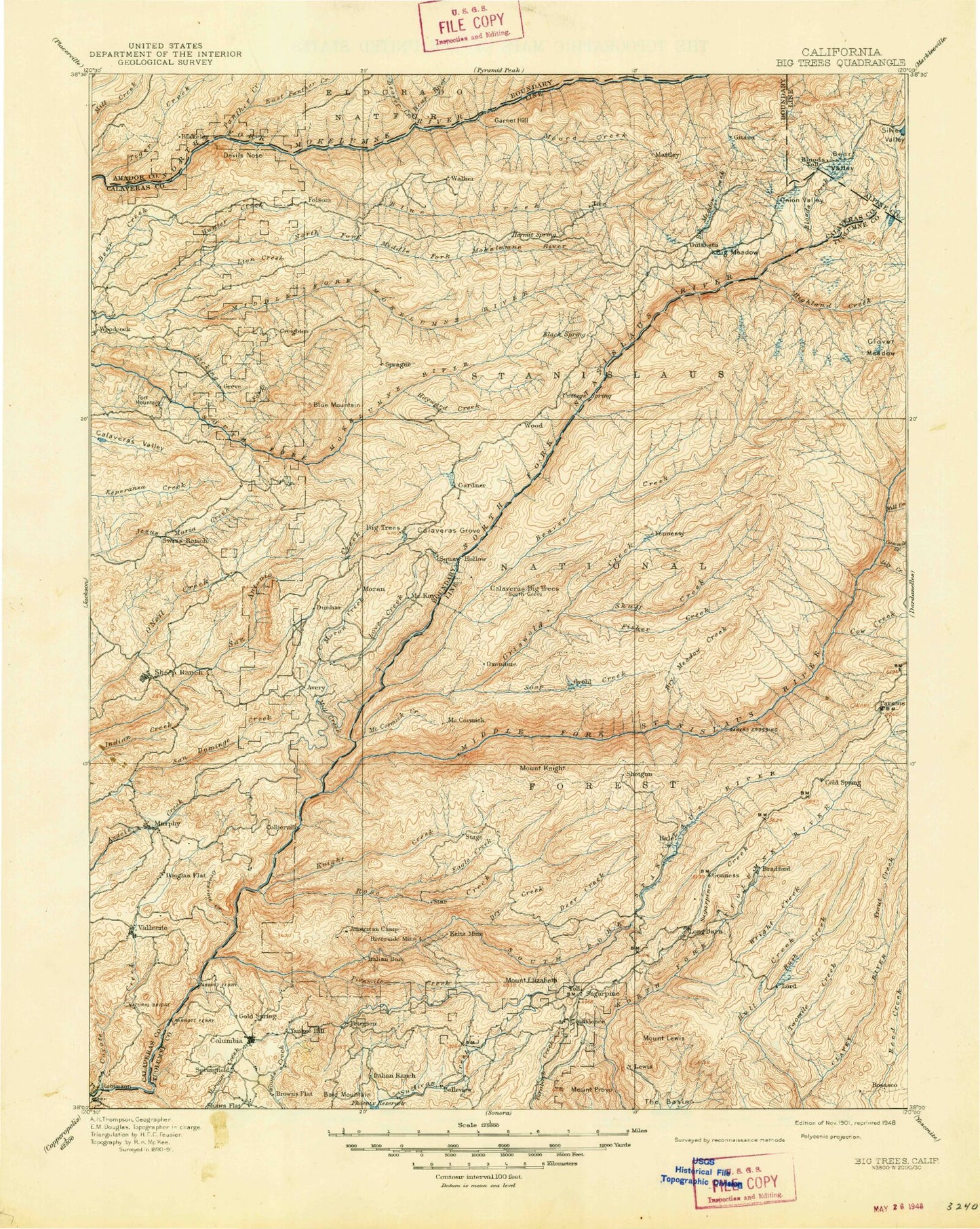 Historic 1901 Big Trees California 30'x30' Topo Map Image