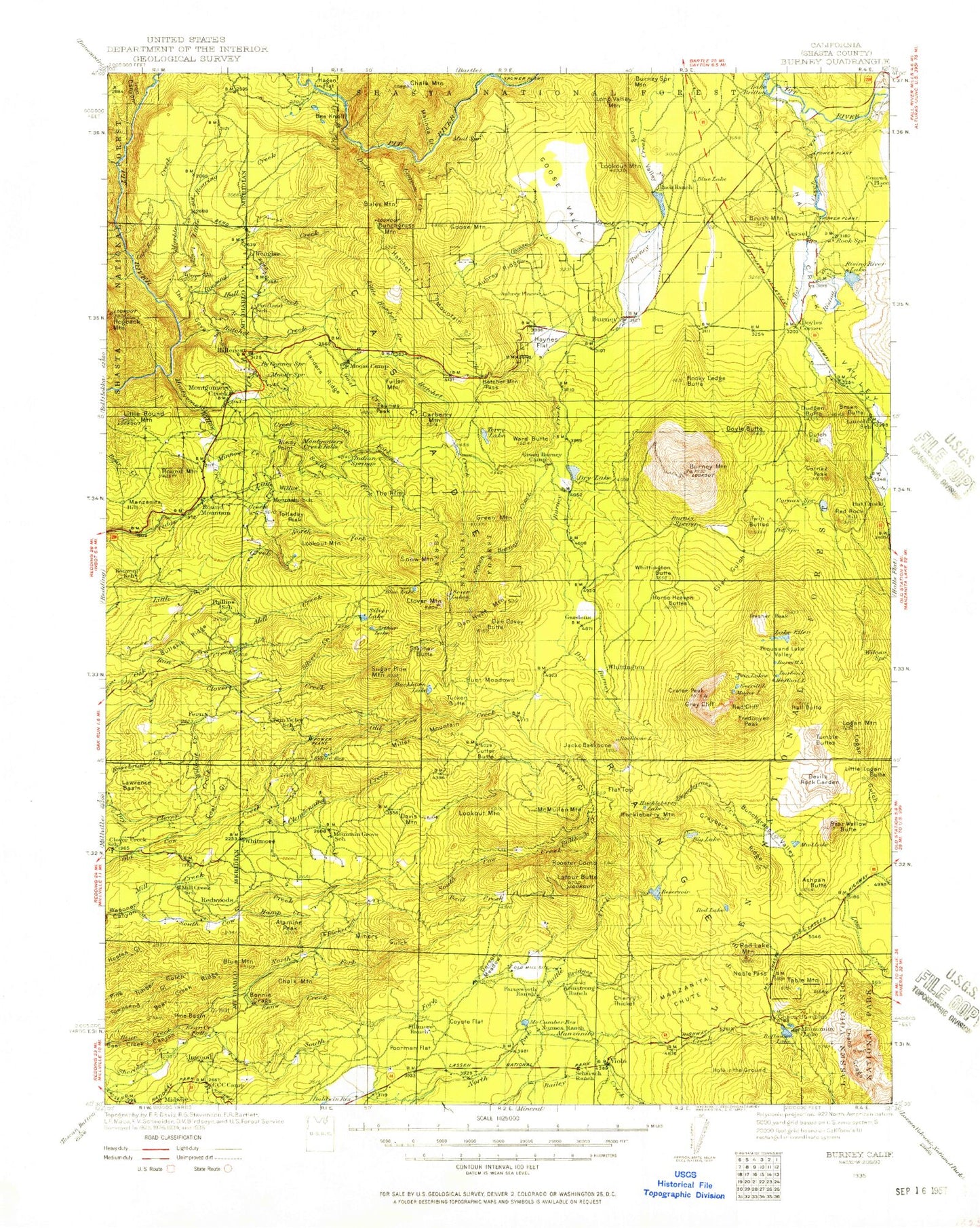 Historic 1935 Burney California 30'x30' Topo Map Image