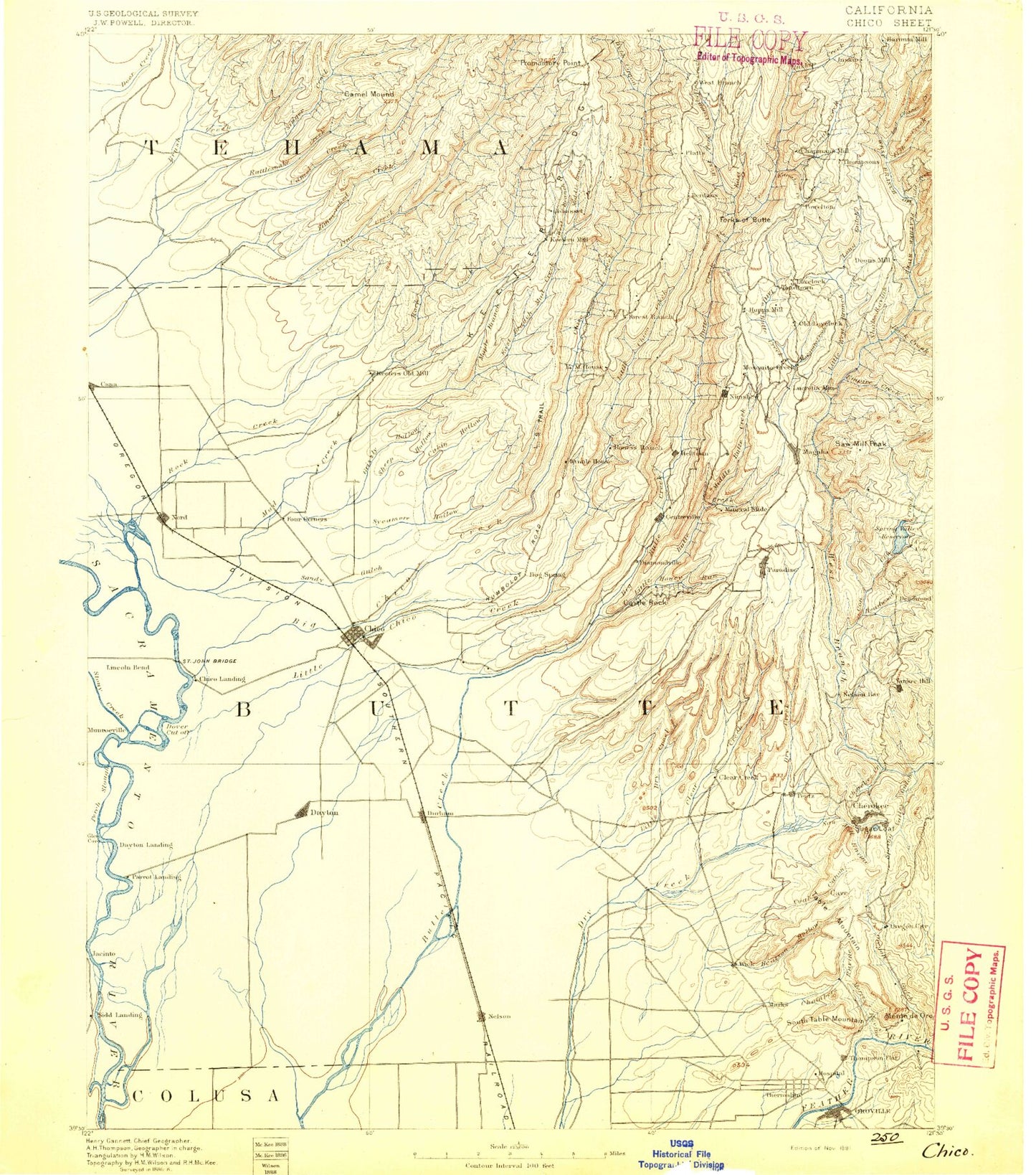Historic 1891 Chico California 30'x30' Topo Map Image