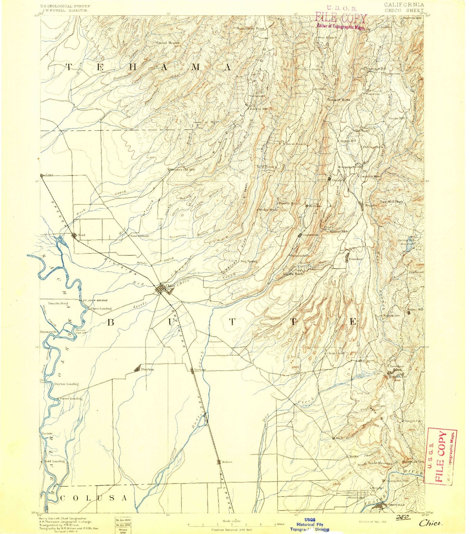 Historic 1891 Chico California 30'x30' Topo Map Image
