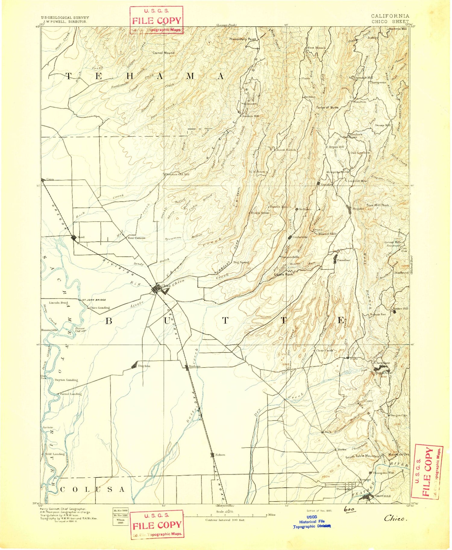 Historic 1893 Chico California 30'x30' Topo Map Image