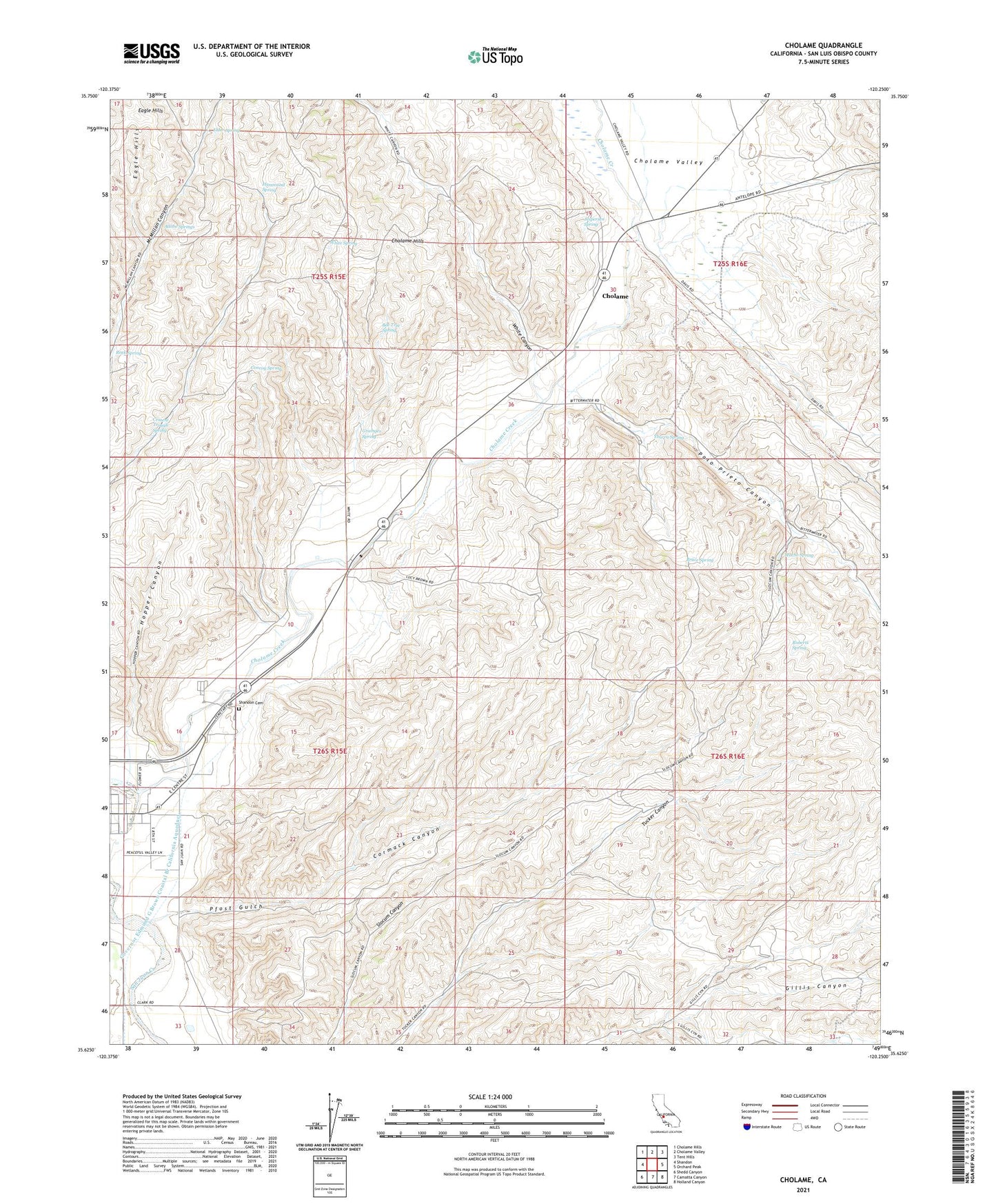 Cholame California US Topo Map Image