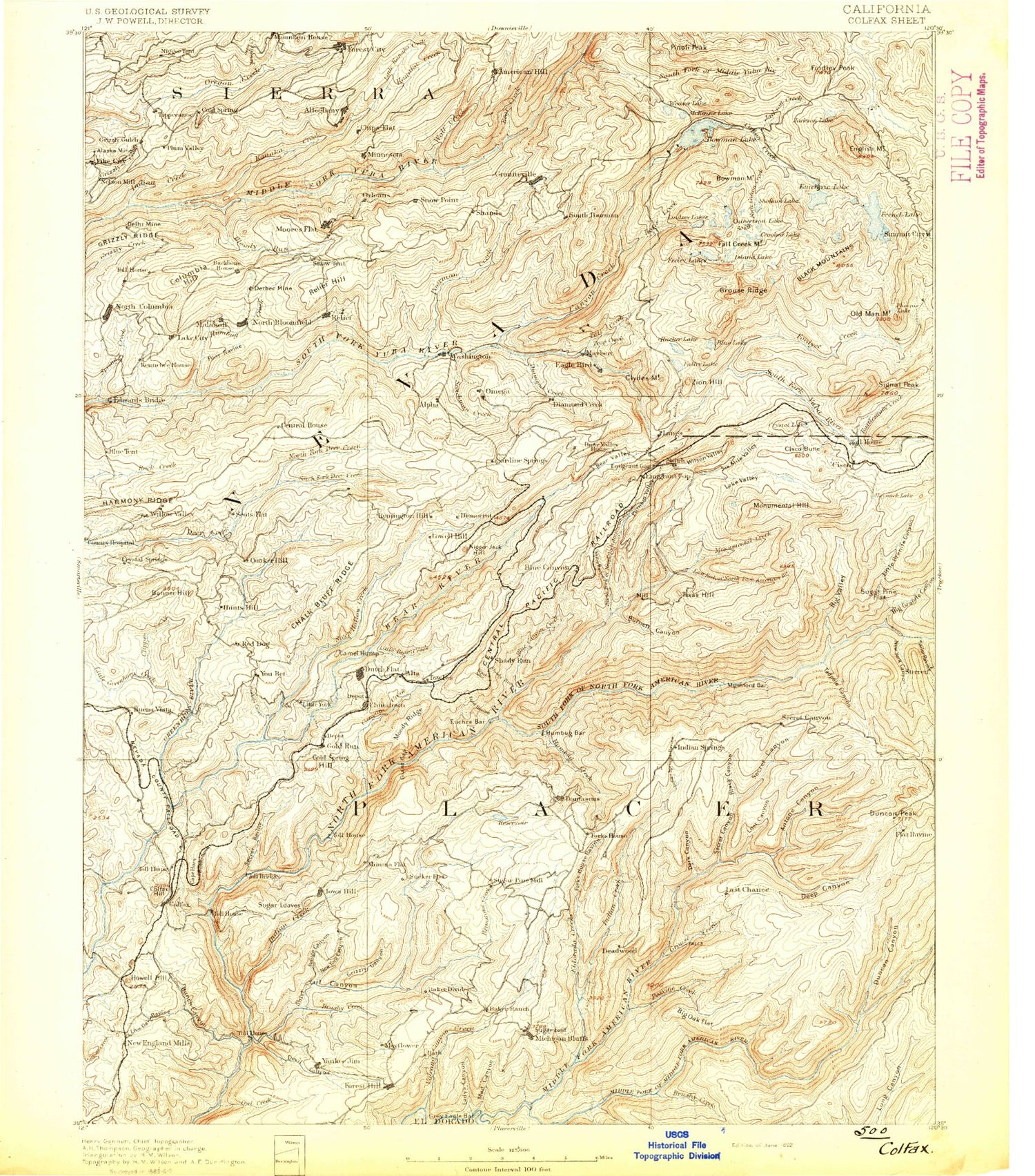 Historic 1892 Colfax California 30'x30' Topo Map Image