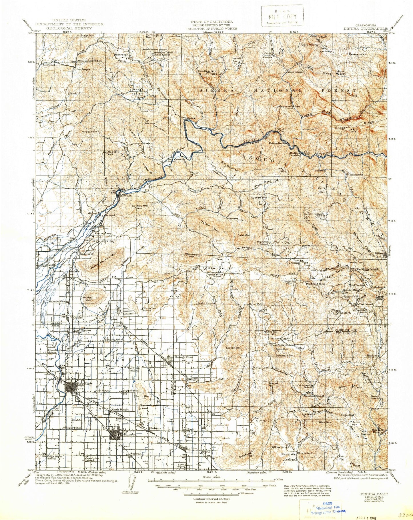 Historic 1924 Dinuba California 30'x30' Topo Map Image