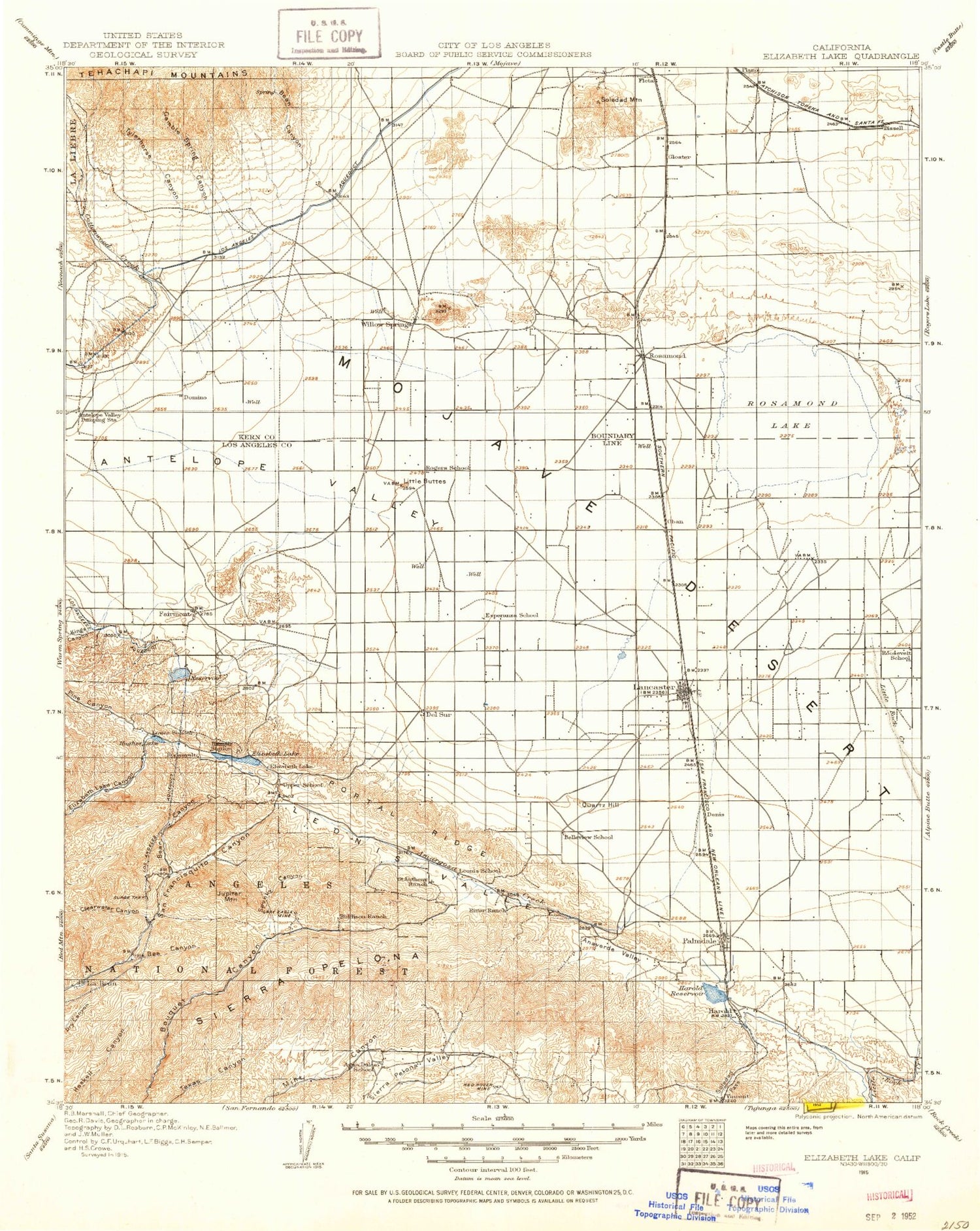 Historic 1915 Elizabeth Lake California 30'x30' Topo Map Image