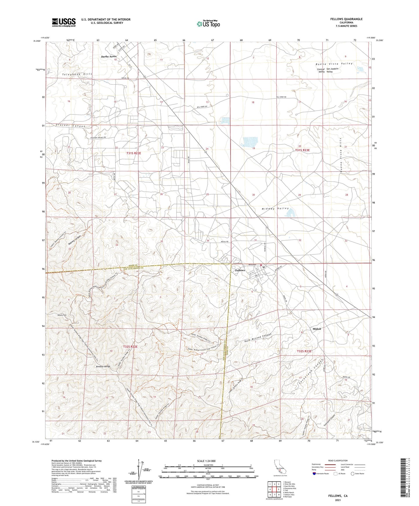Fellows California US Topo Map Image