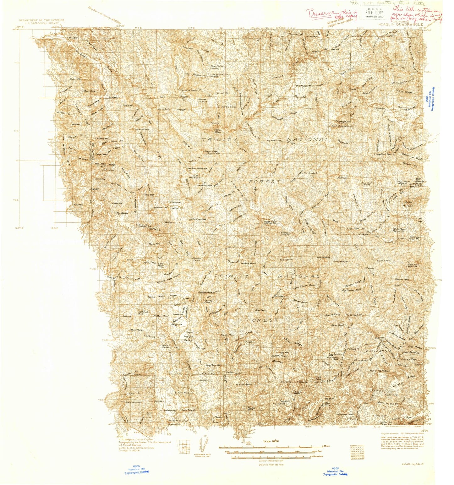 Historic 1931 Hoaglin California 30'x30' Topo Map Image