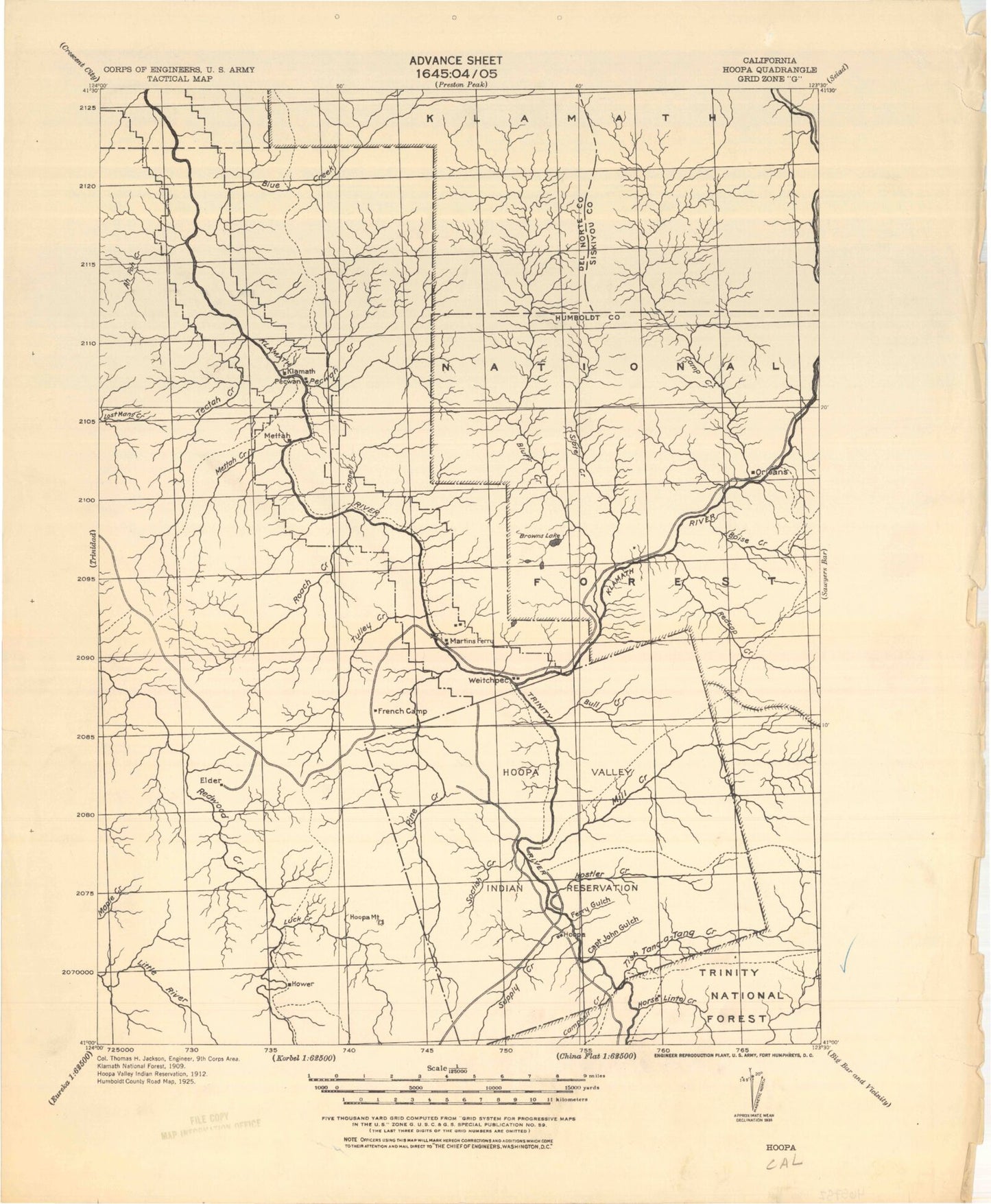 Historic 1925 Hoopa California 30'x30' Topo Map Image