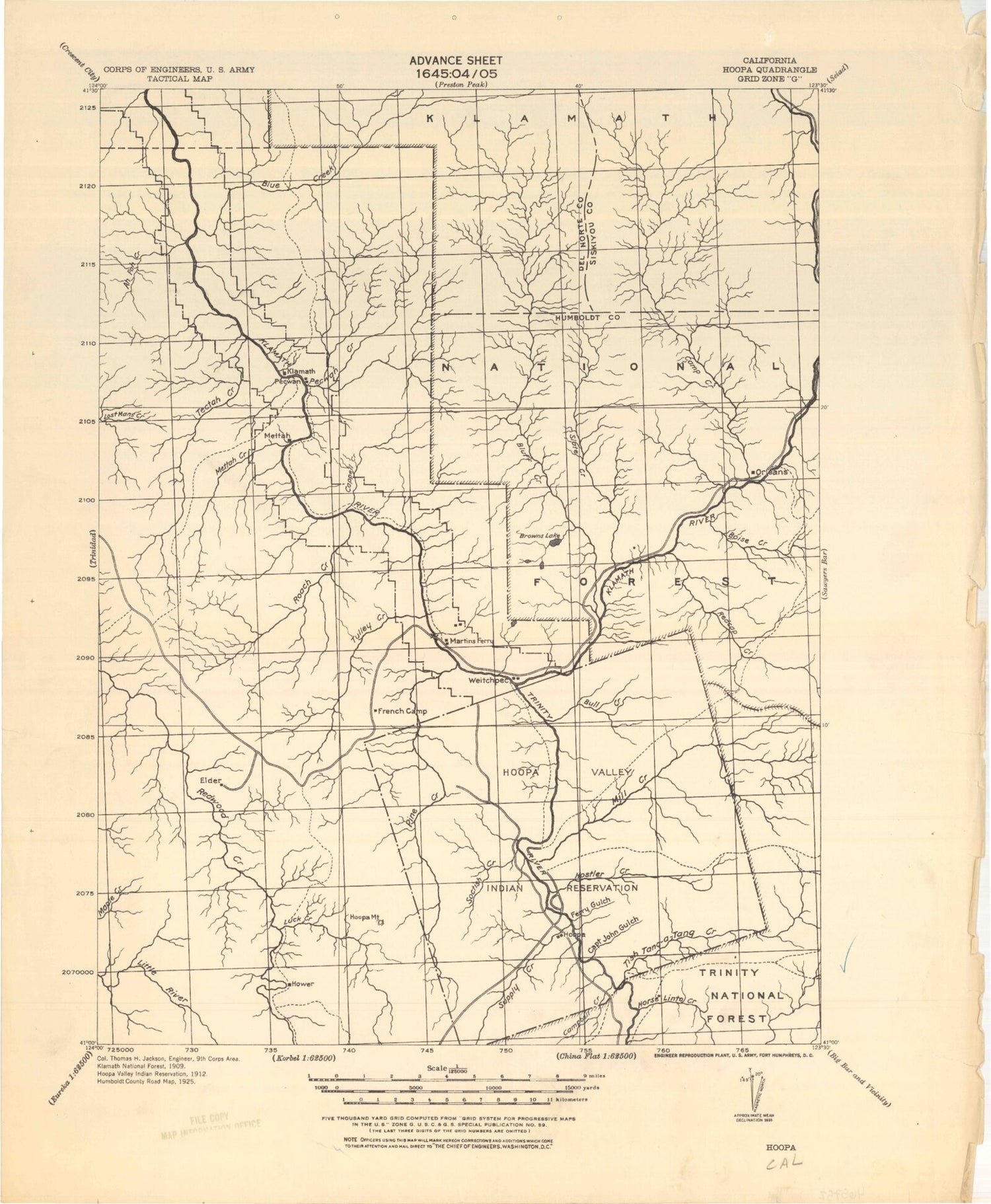Historic 1925 Hoopa California 30'x30' Topo Map Image