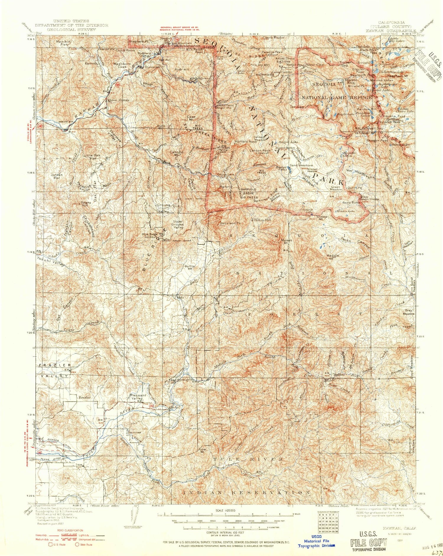 Historic 1937 Kaweah California 30'x30' Topo Map Image