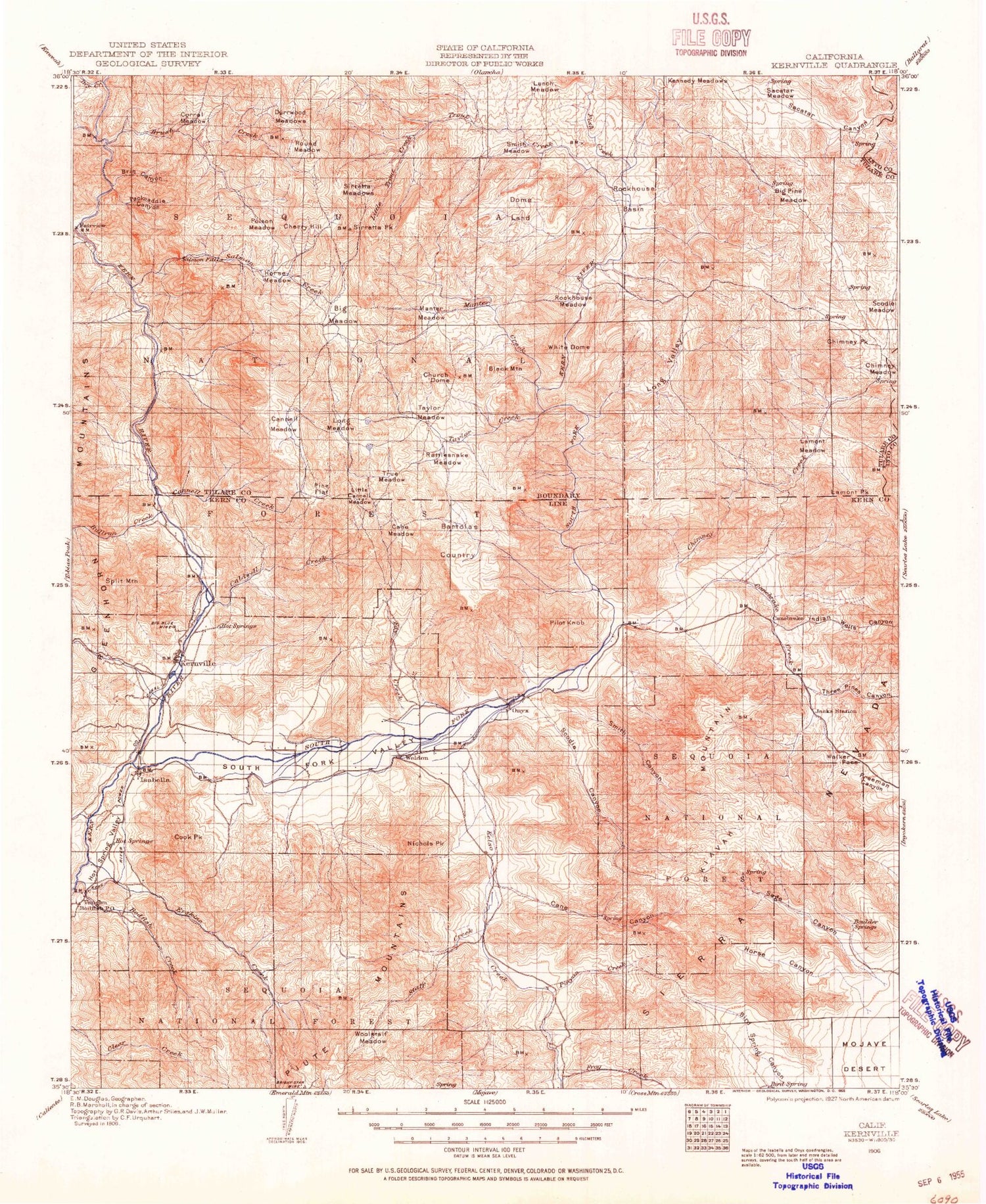 Historic 1906 Kernville California 30'x30' Topo Map Image