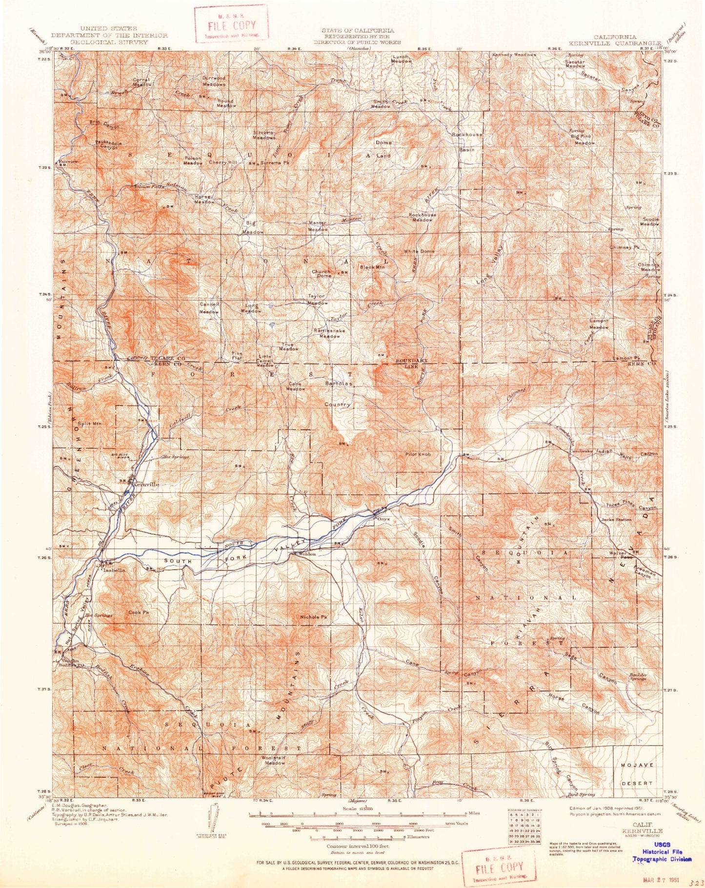 Historic 1908 Kernville California 30'x30' Topo Map Image