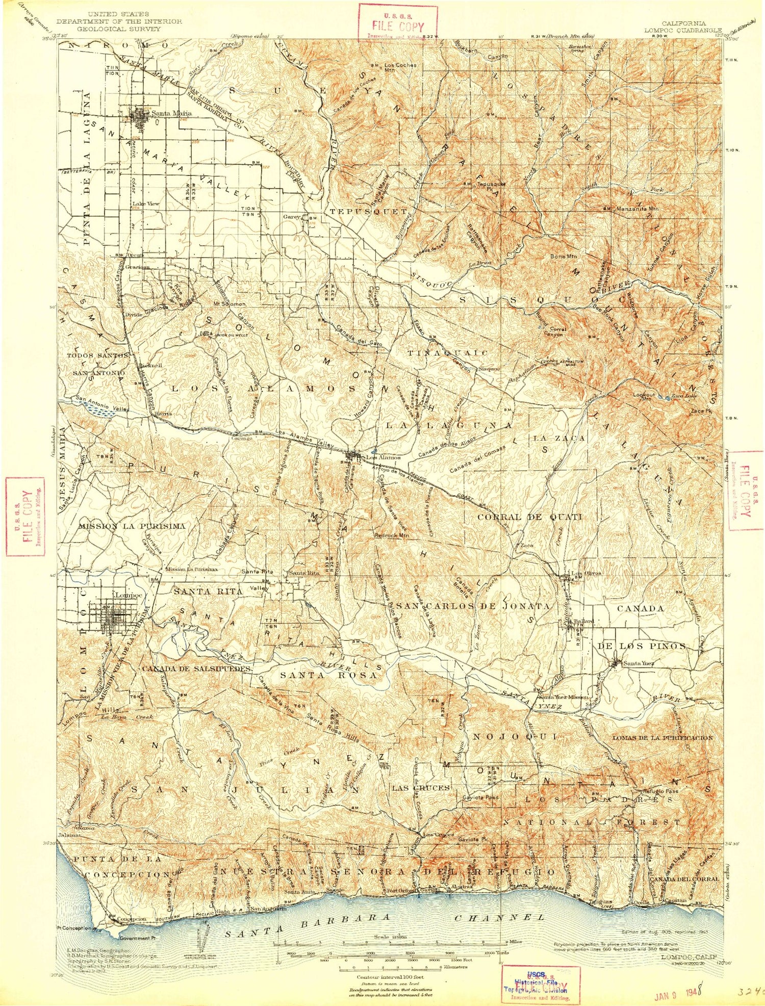 Historic 1905 Lompoc California 30'x30' Topo Map Image