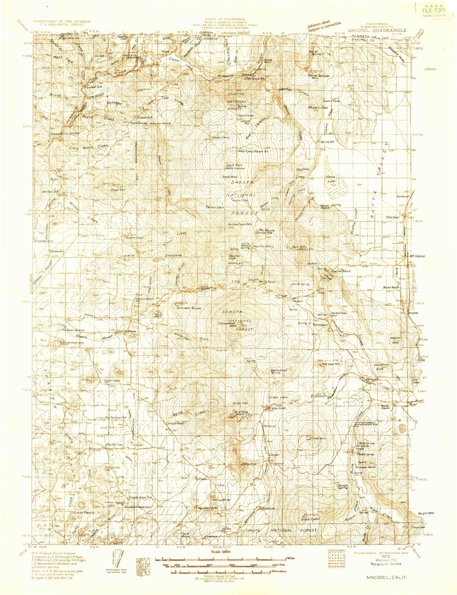 Historic 1934 MacDoel California 30'x30' Topo Map Image
