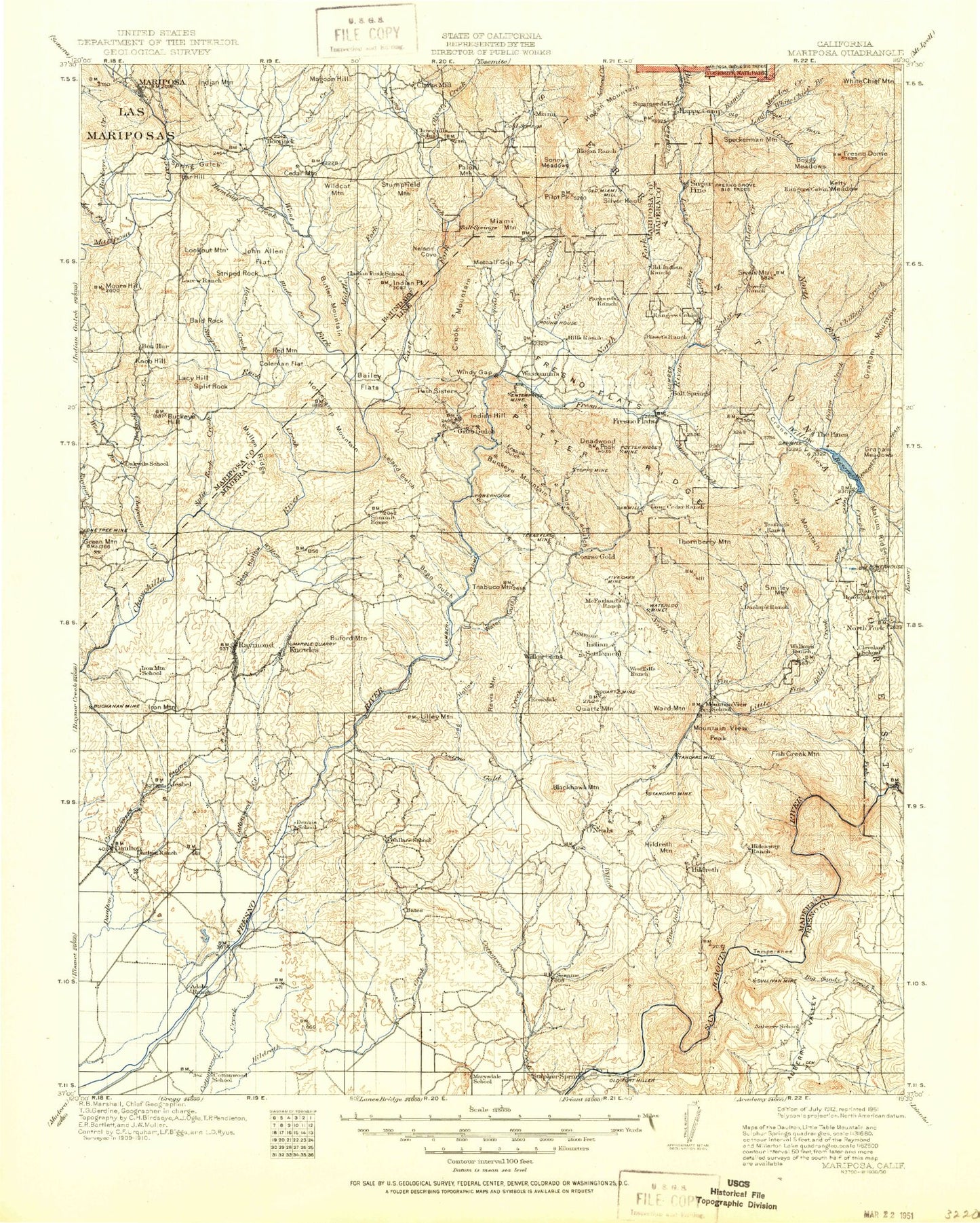 Historic 1912 Mariposa California 30'x30' Topo Map Image