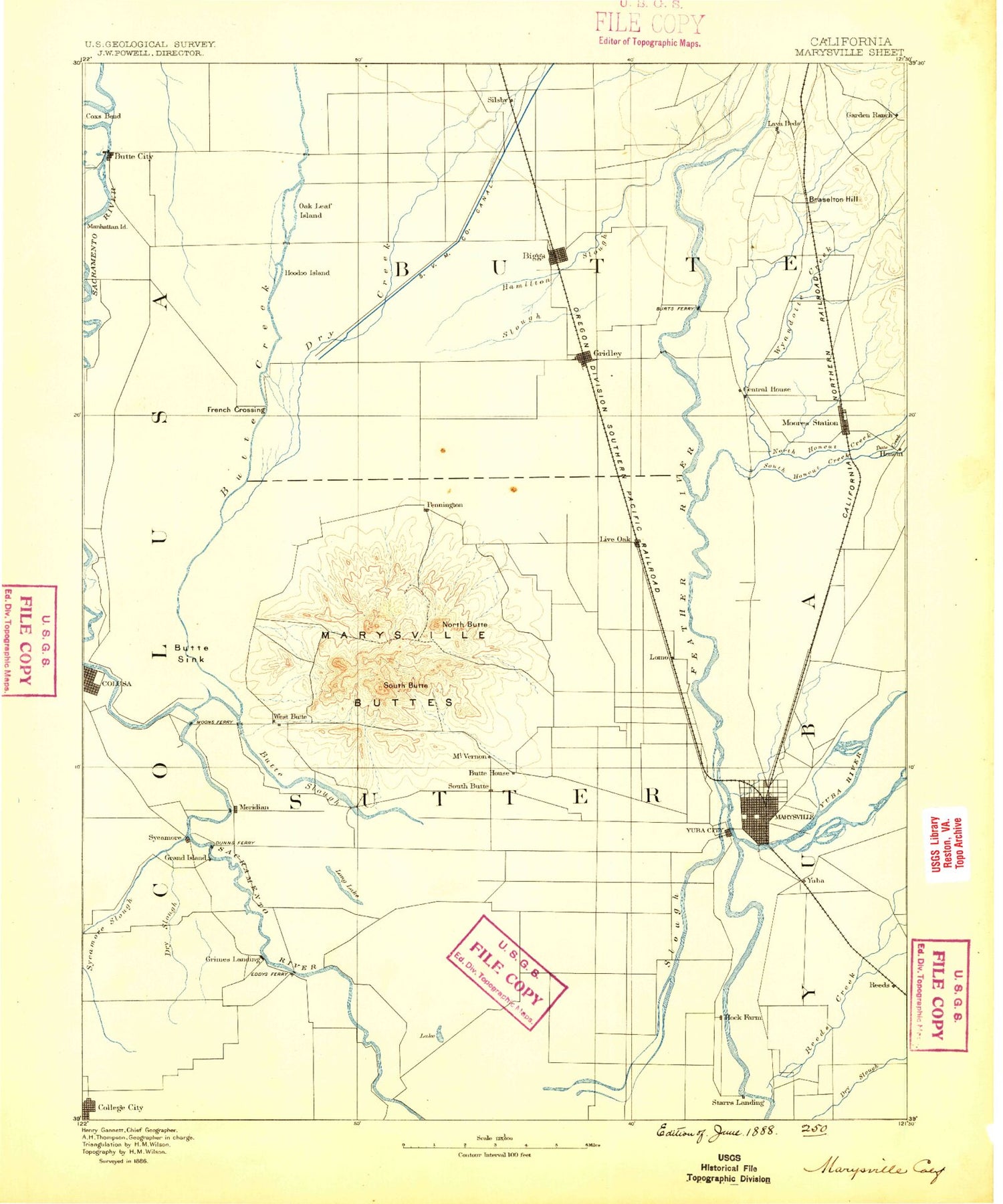 Historic 1888 Marysville California 30'x30' Topo Map Image
