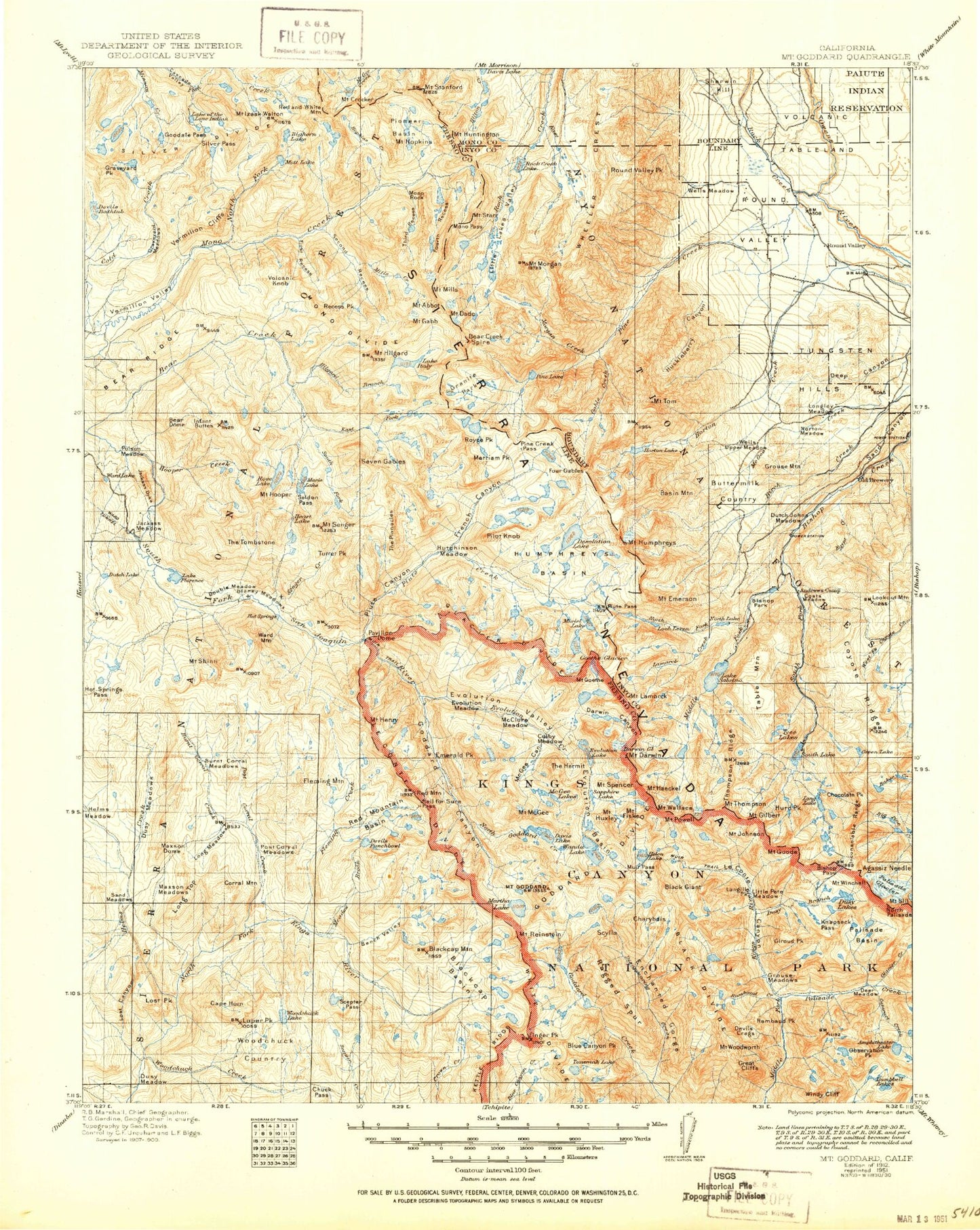 Historic 1912 Mount Goddard California 30'x30' Topo Map Image