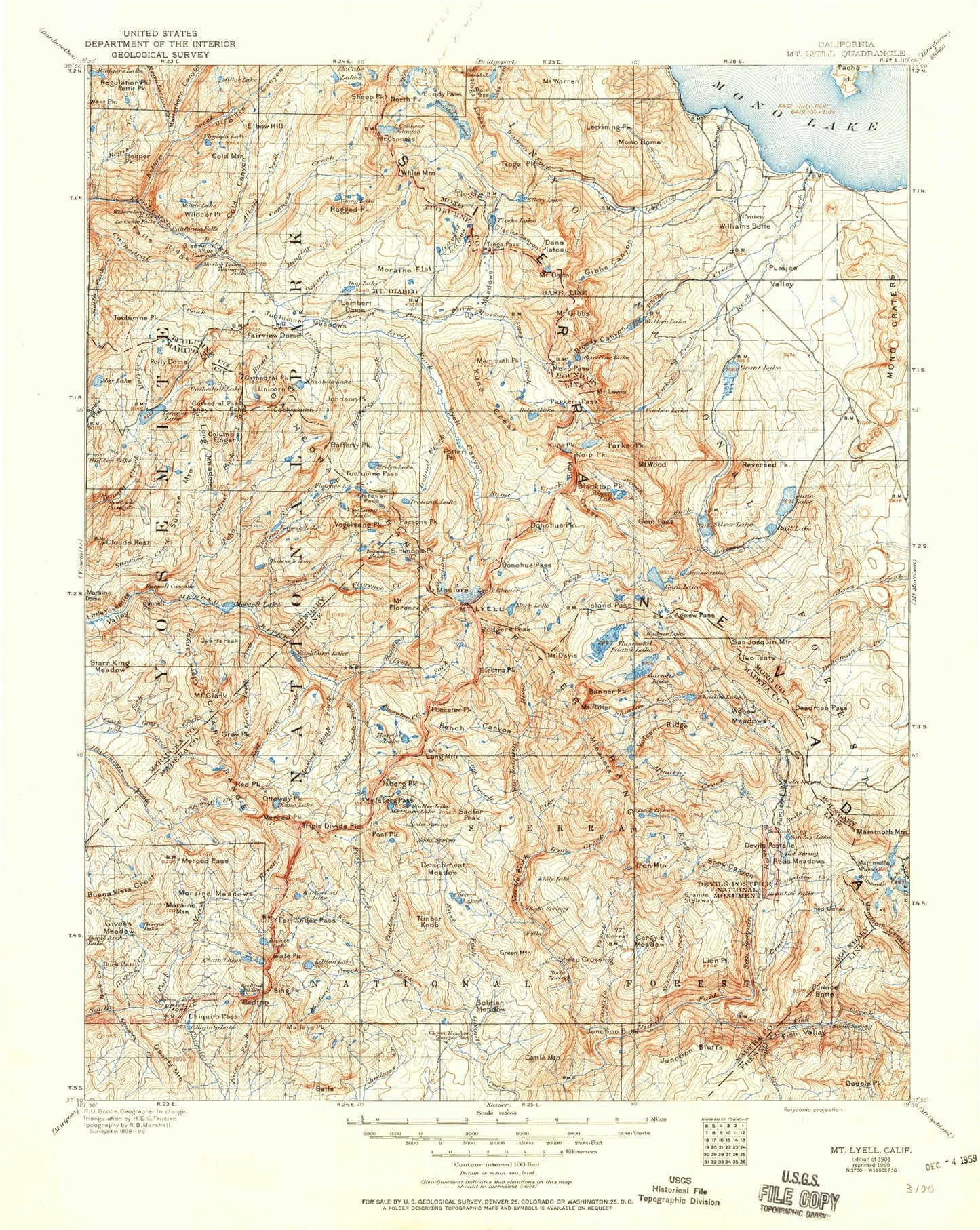 Historic 1901 Mount Lyell California 30'x30' Topo Map Image