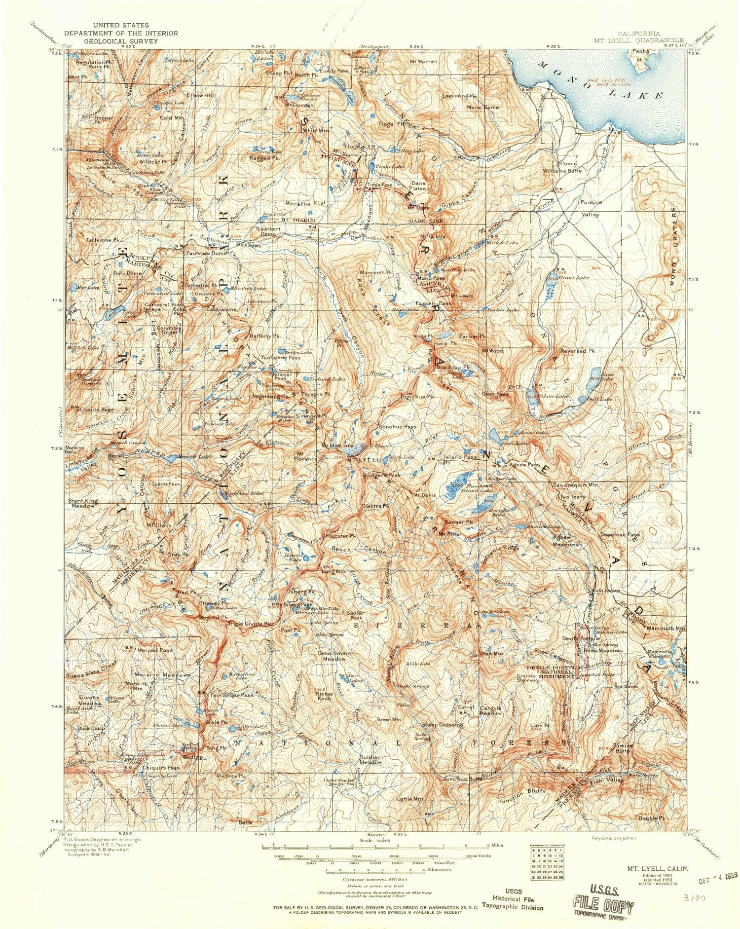 Historic 1901 Mount Lyell California 30'x30' Topo Map Image