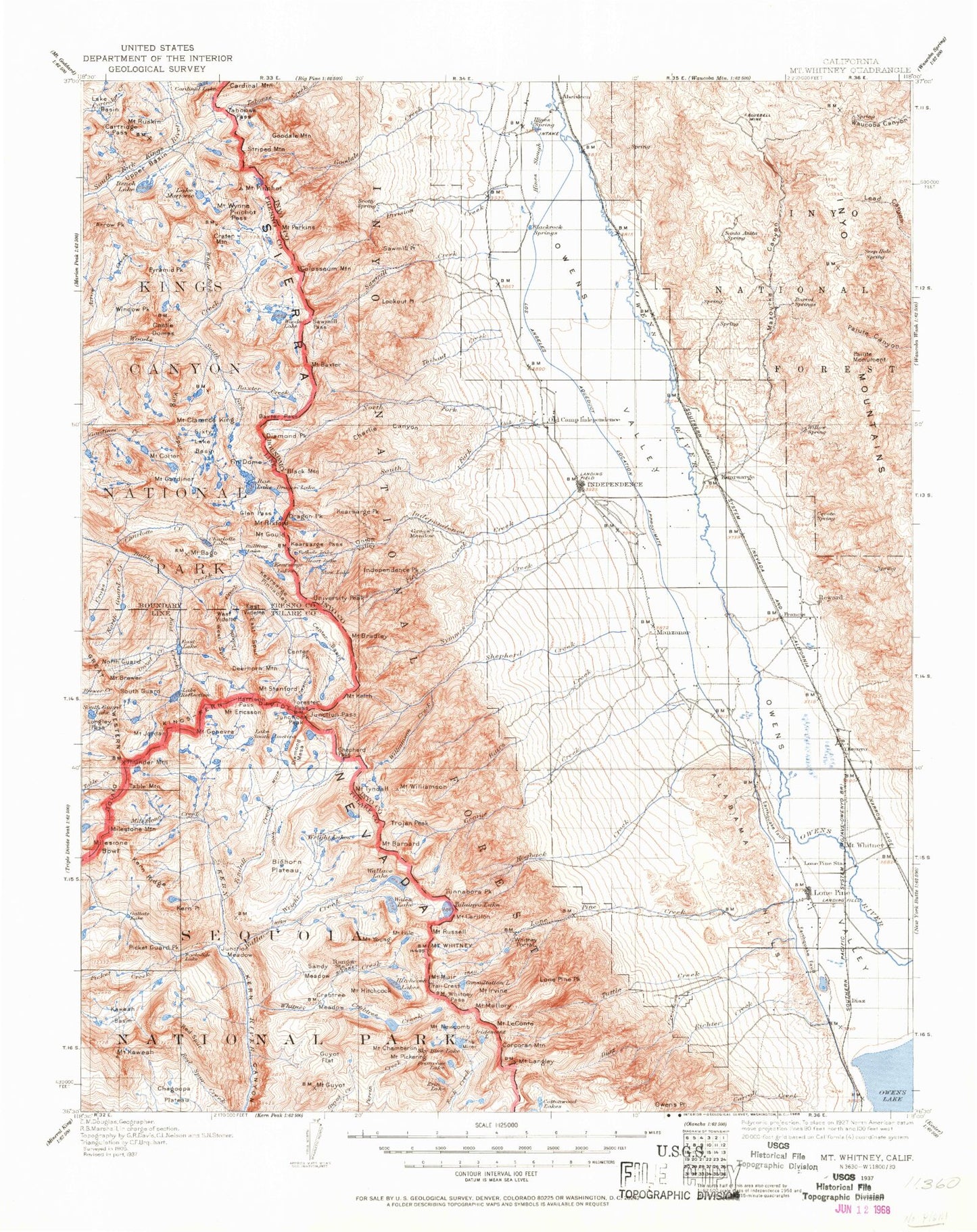 Historic 1937 Mount Whitney California 30'x30' Topo Map Image