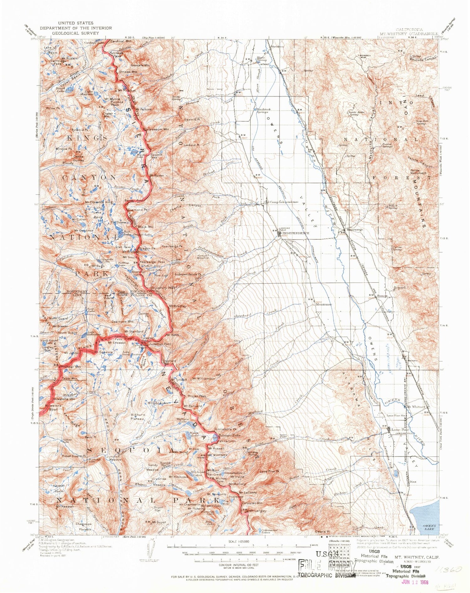Historic 1937 Mount Whitney California 30'x30' Topo Map Image