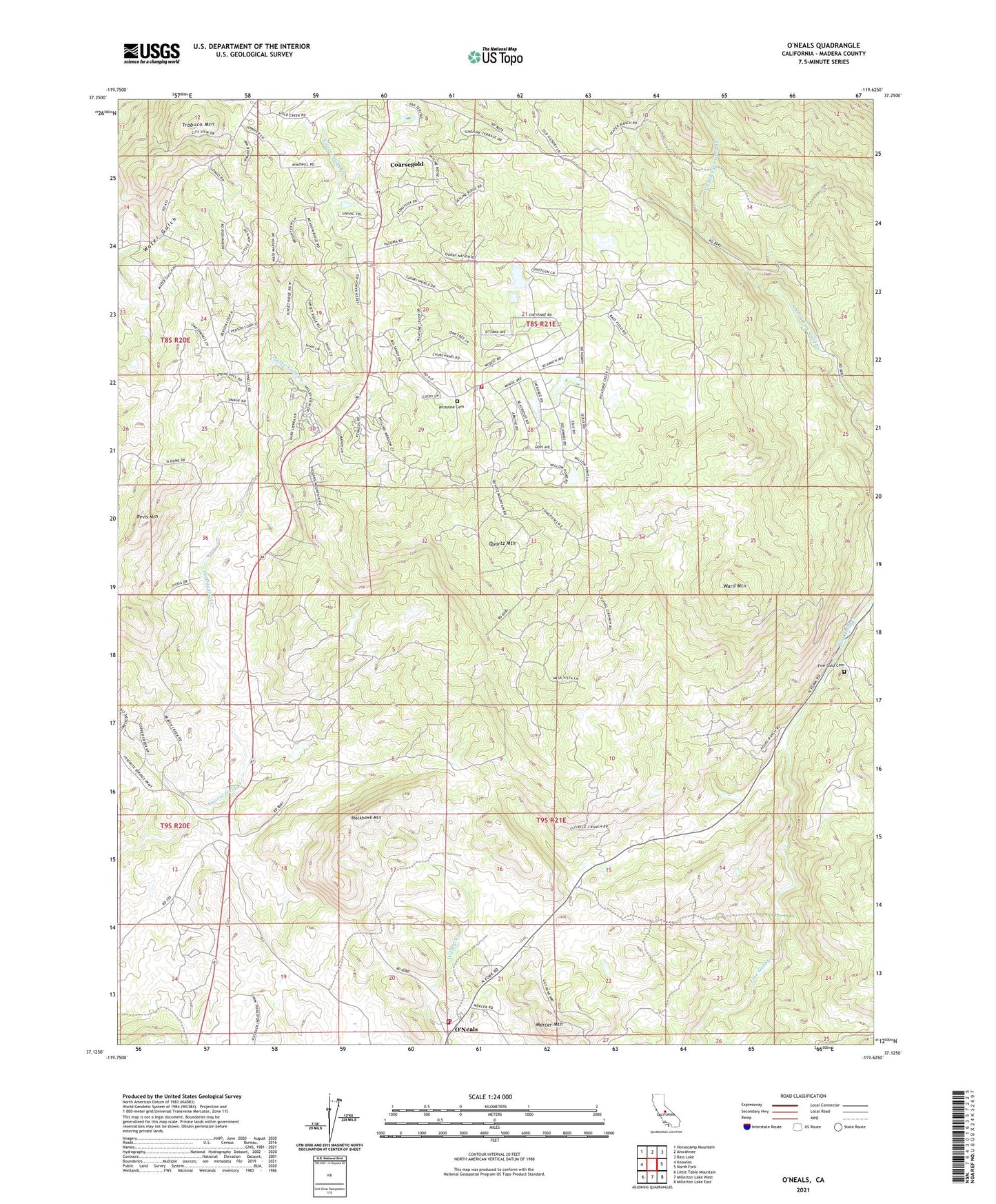 O'Neals California US Topo Map Image