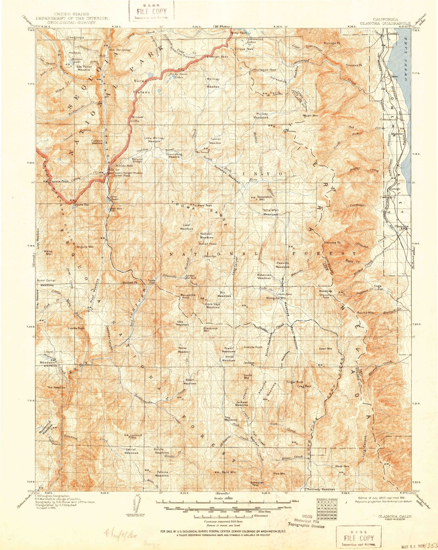 Historic 1907 Olancha California 30'x30' Topo Map Image