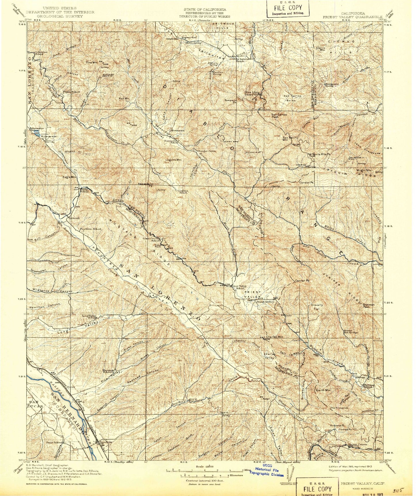 Historic 1915 Priest Valley California 30'x30' Topo Map Image
