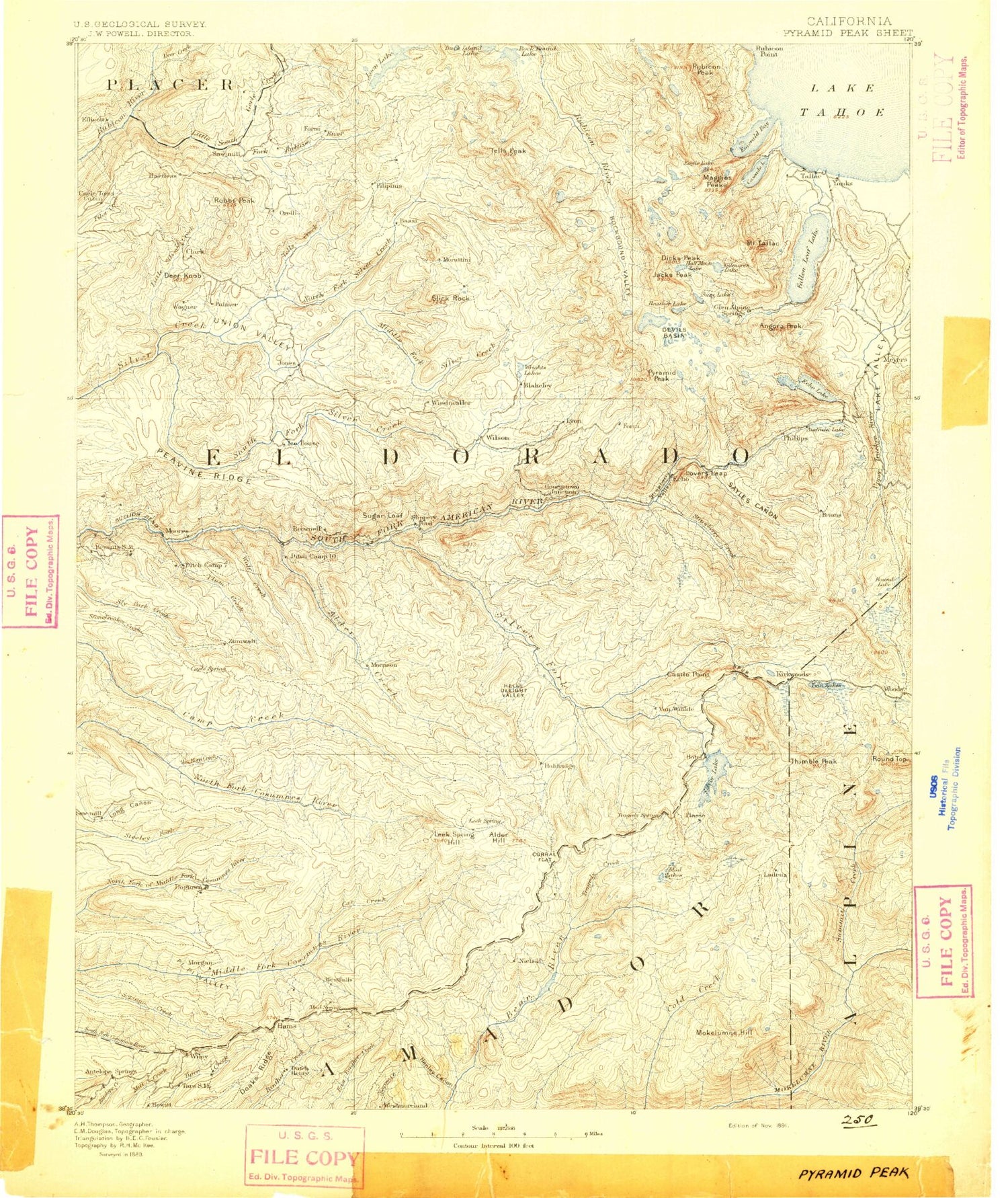 Historic 1891 Pyramid Peak California 30'x30' Topo Map Image