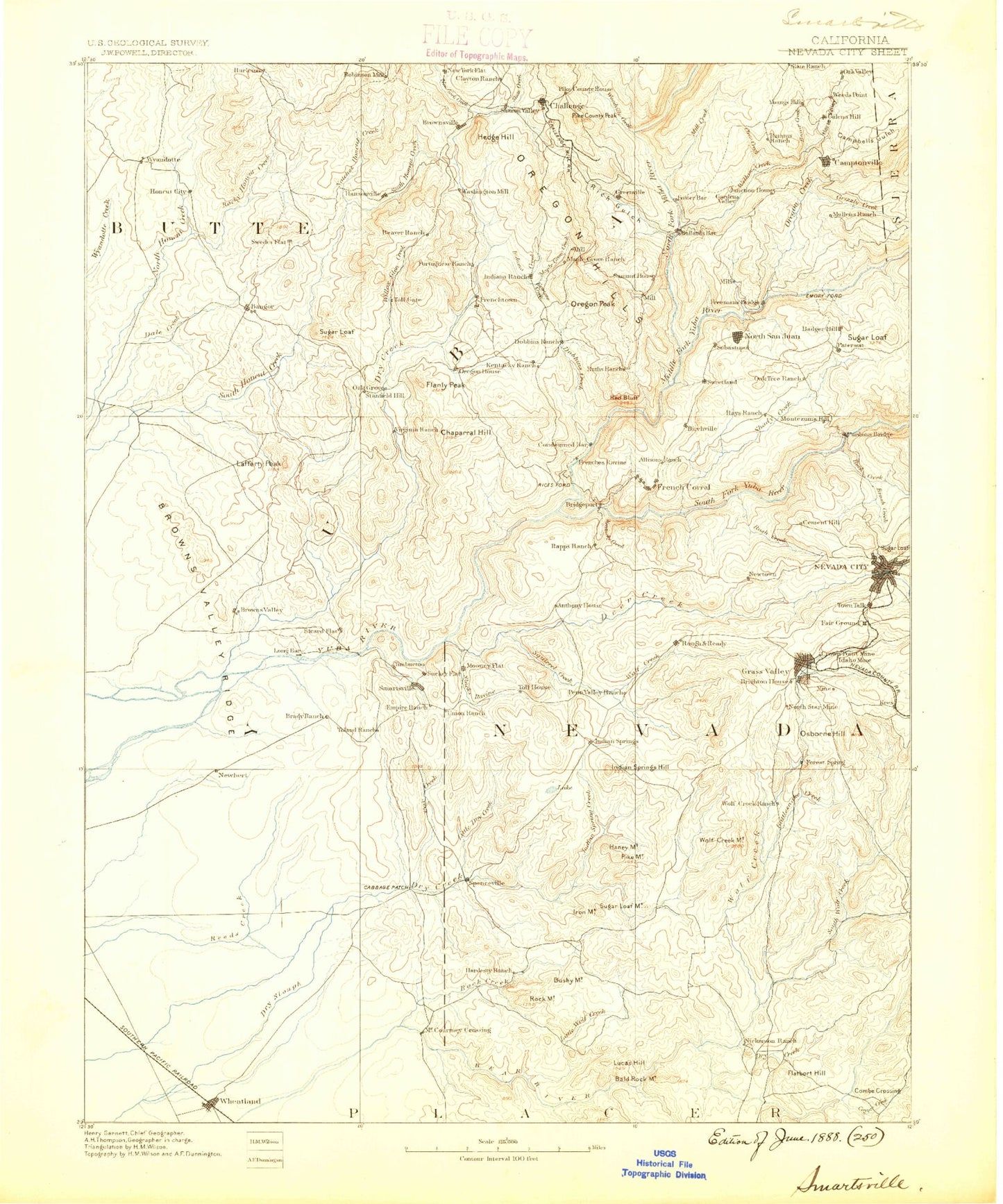 Historic 1888 Smartsville California 30'x30' Topo Map Image